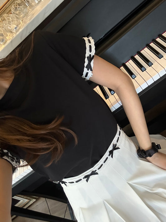 Patchy - Cotton Tee with Lace Trim Bow Straps