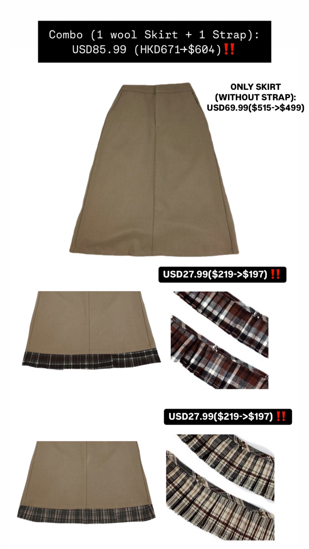 Patchy - Camel Woolen Midi-Skirt with White Pleated Trim