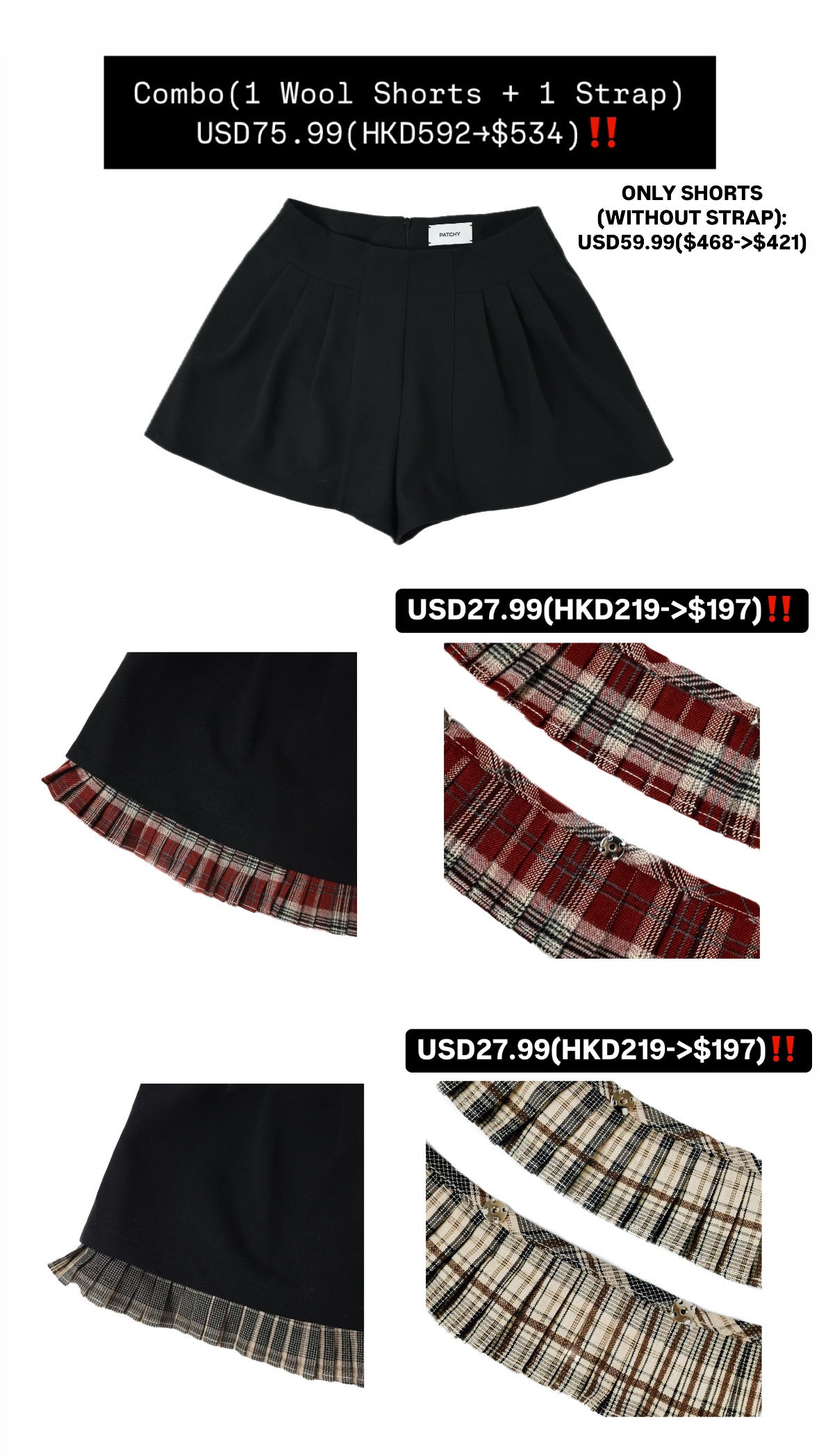 Patchy - Woolen A-Line Shorts with Brown Checked Strap