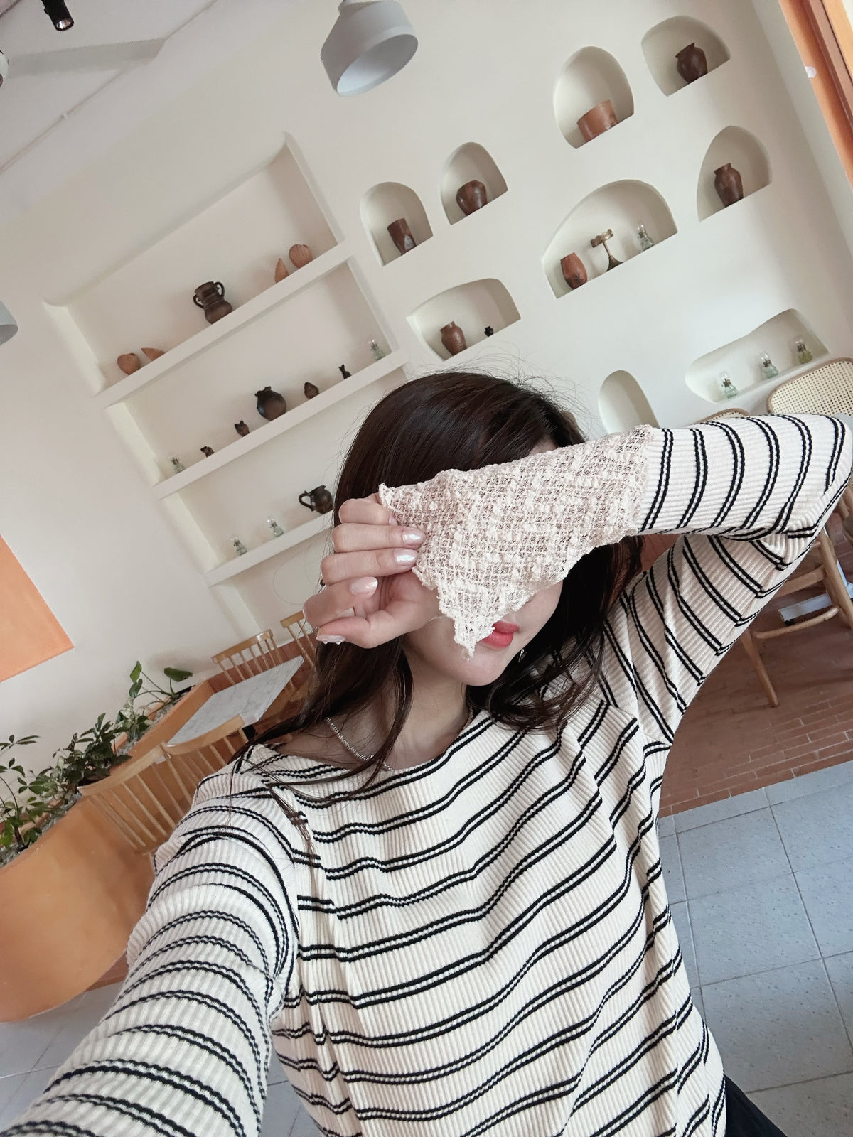 Stripped Long-sleeved Top with Lace Sleeves