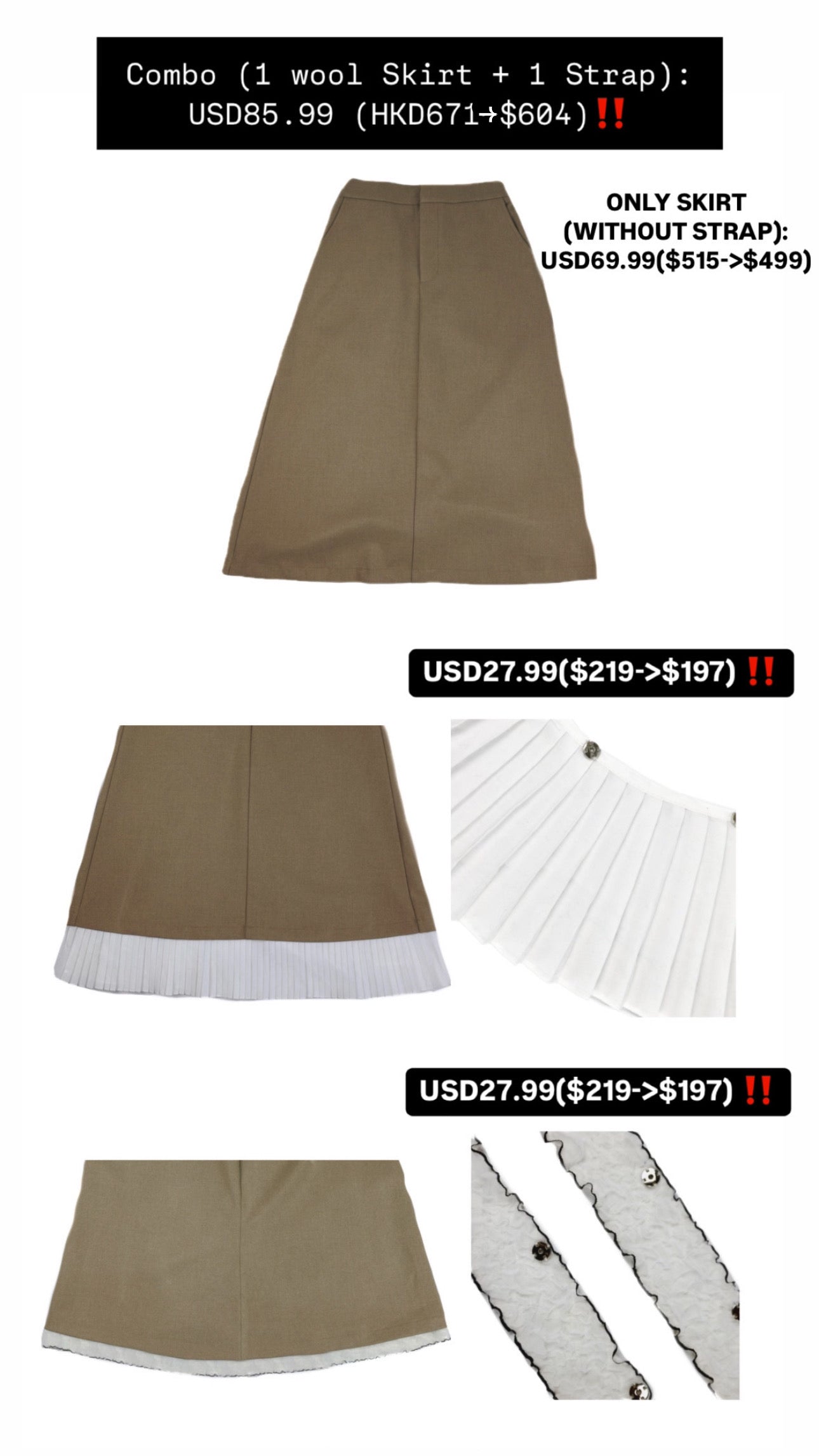 Patchy - Camel Woolen Midi-Skirt with White Pleated Trim