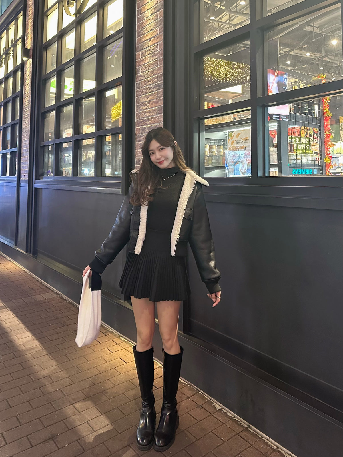 Faux Leather Aviator Jacket with Shearling Collar