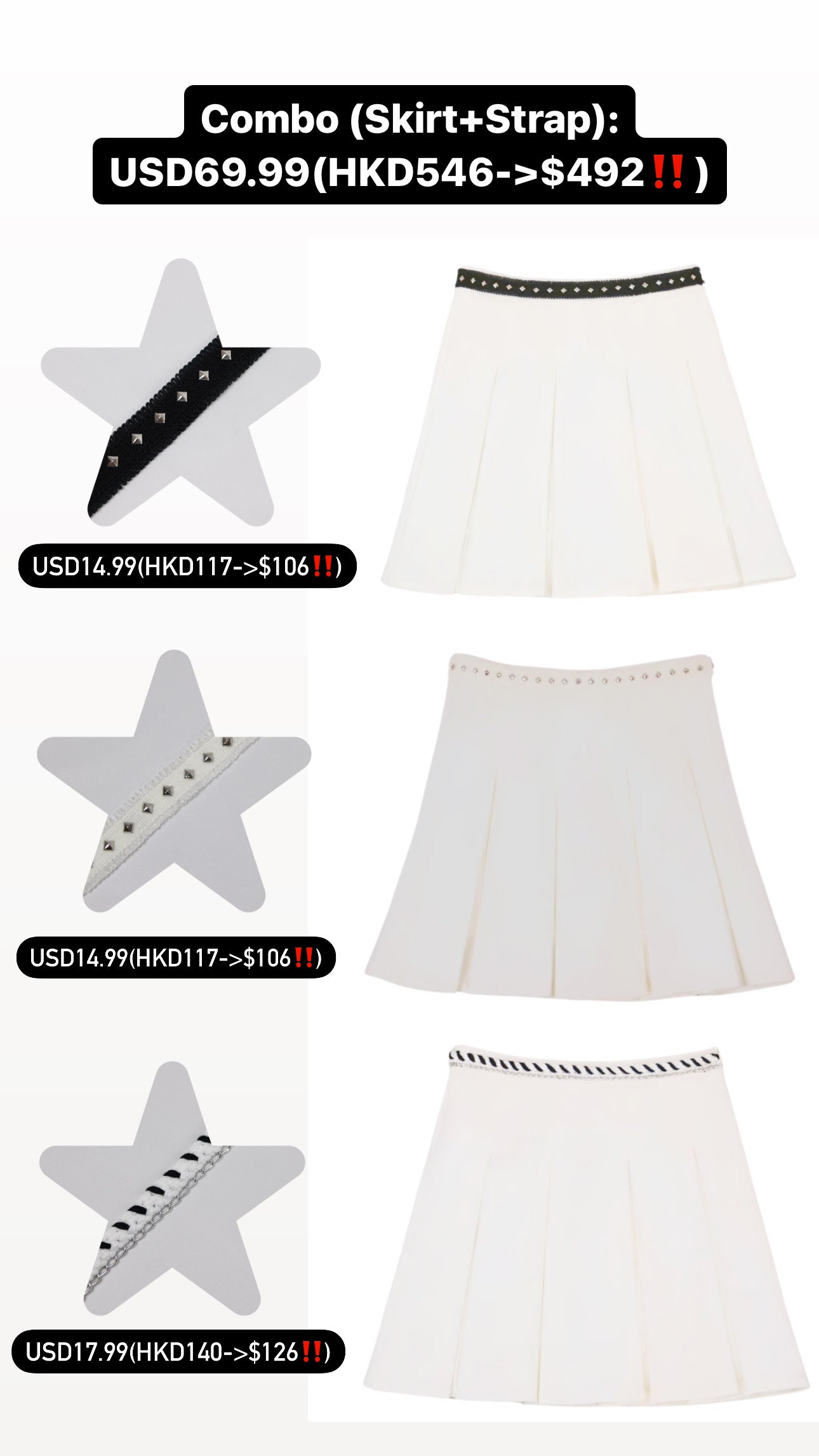 Patchy - White Pleated Mini Skirt with Denim Strap