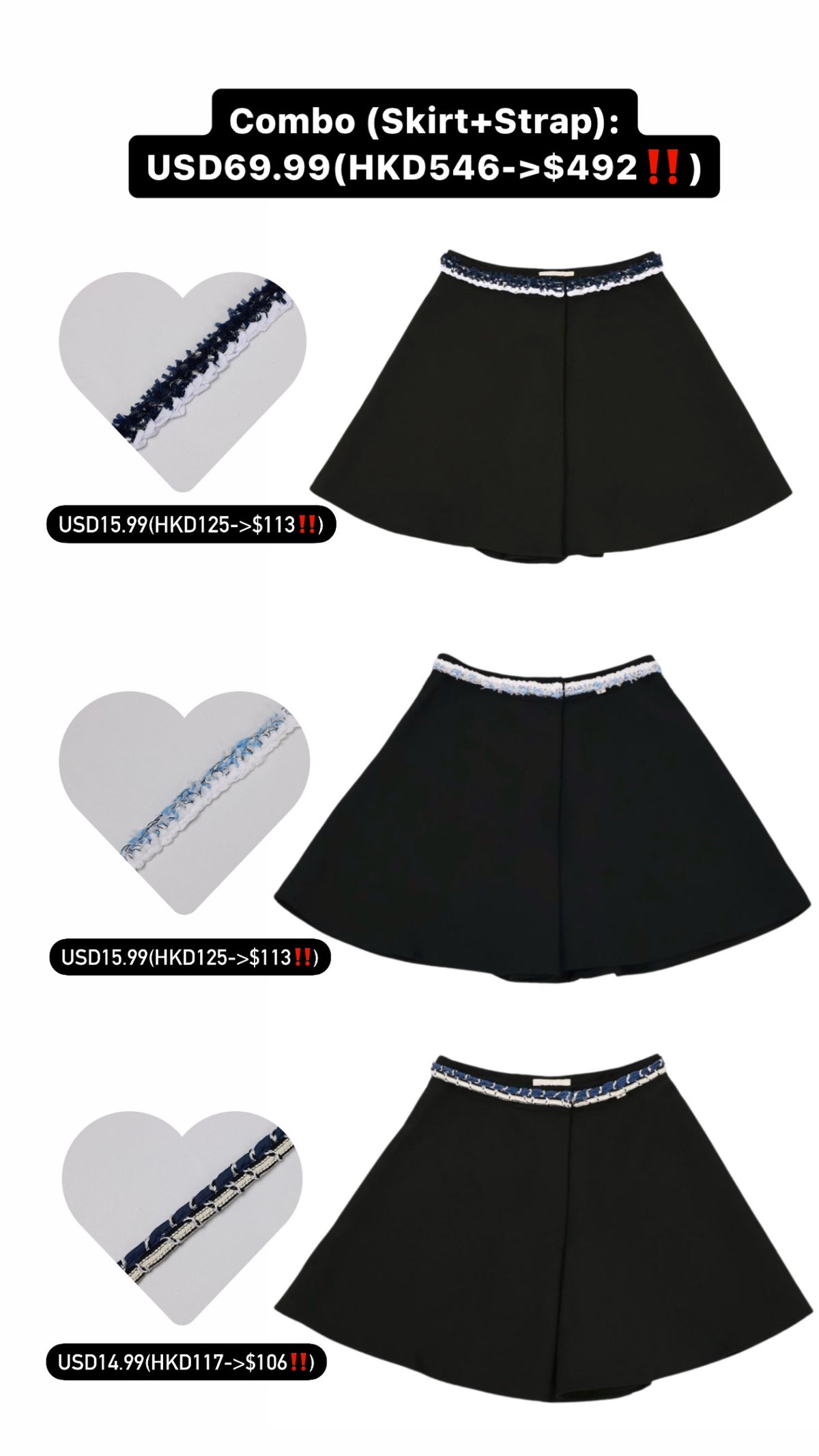 Patchy - White Mini Skort with Pale Blue Tweed Strap
