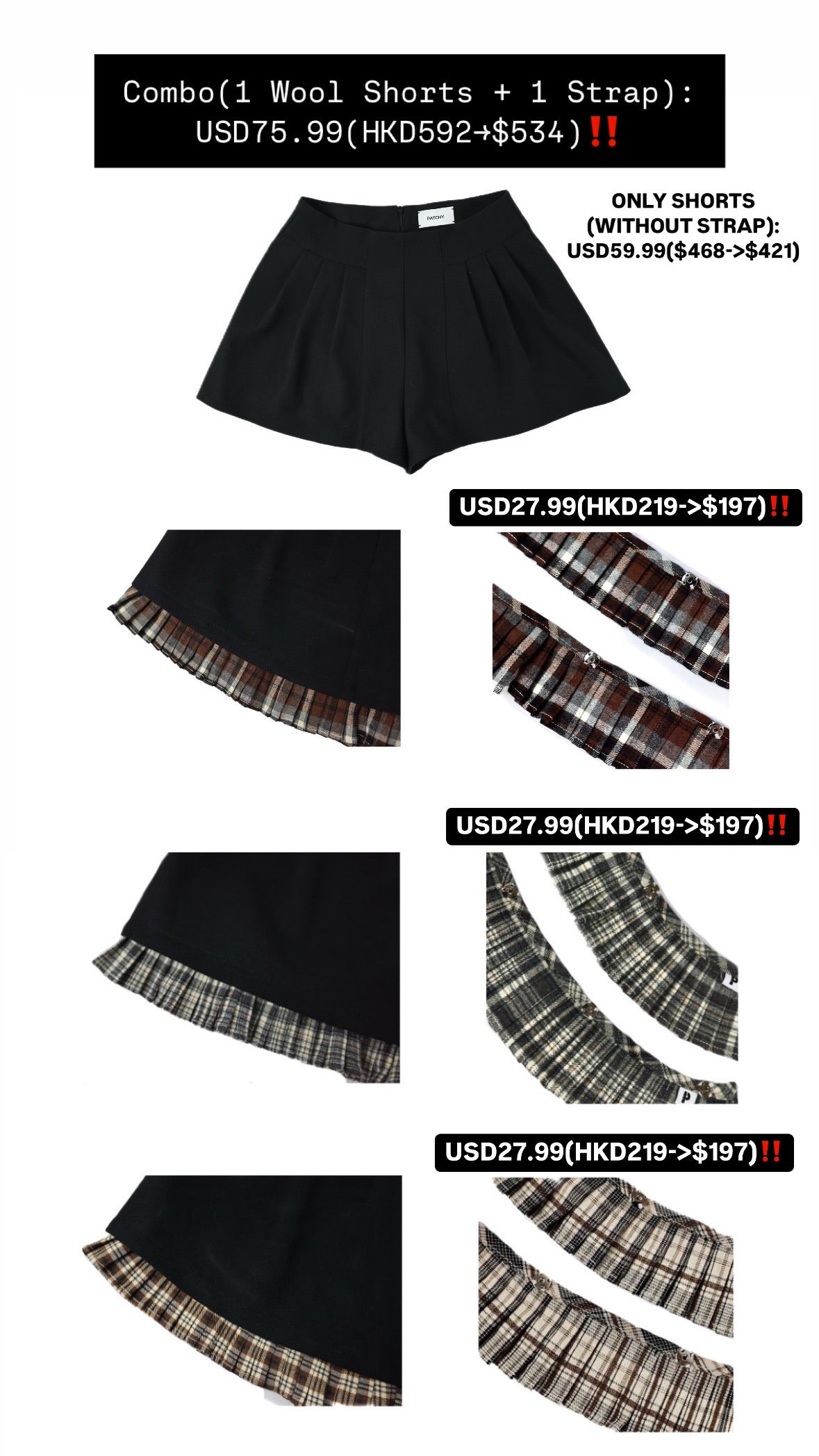 Patchy - Woolen A-Line Shorts with Red Checked Strap