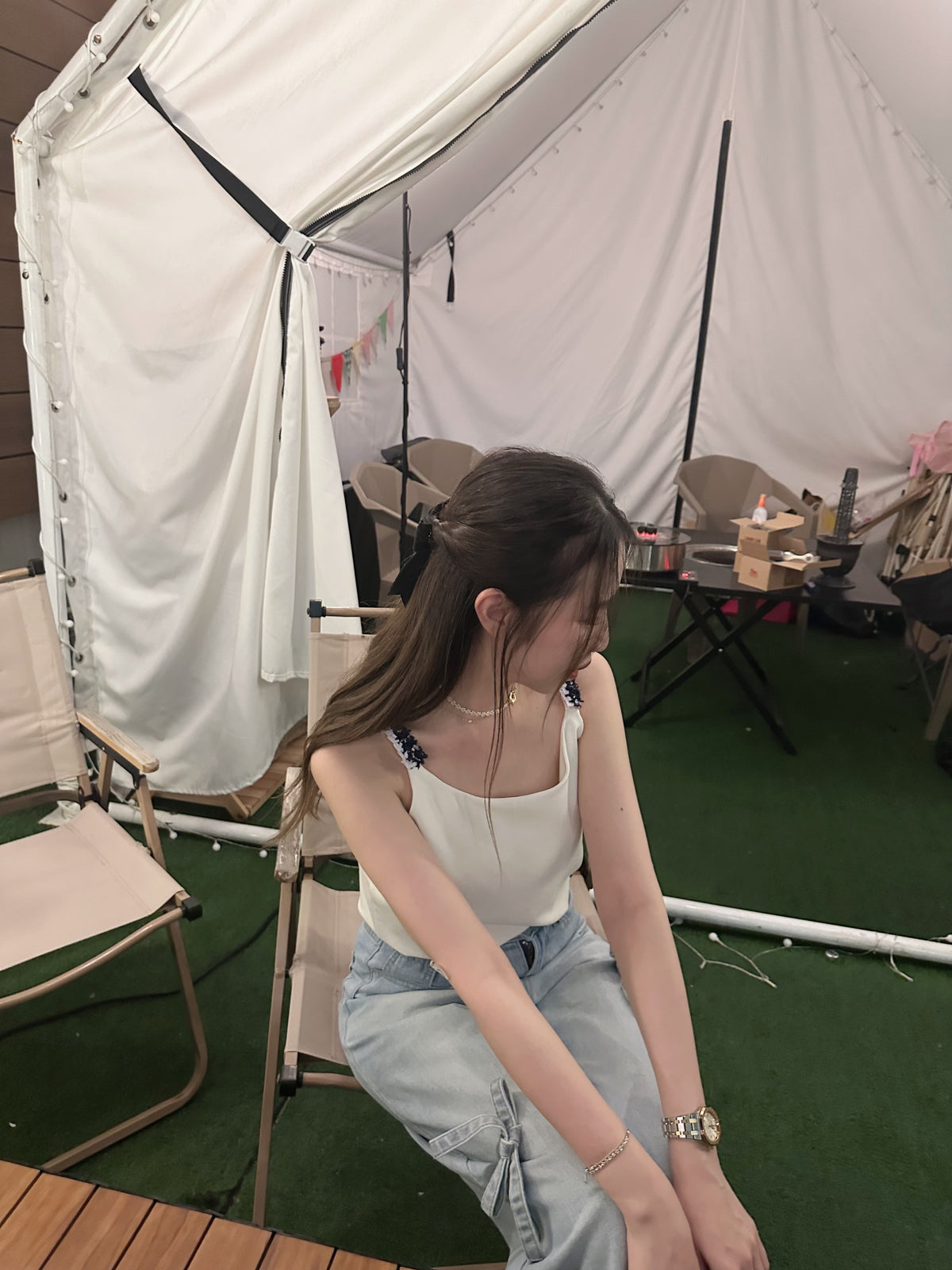 Patchy - Cotton Vest with Pale Blue Tweed Straps