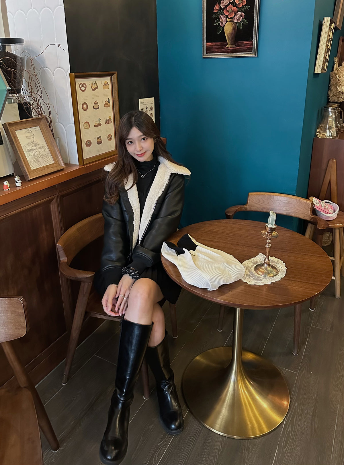 Faux Leather Aviator Jacket with Shearling Collar