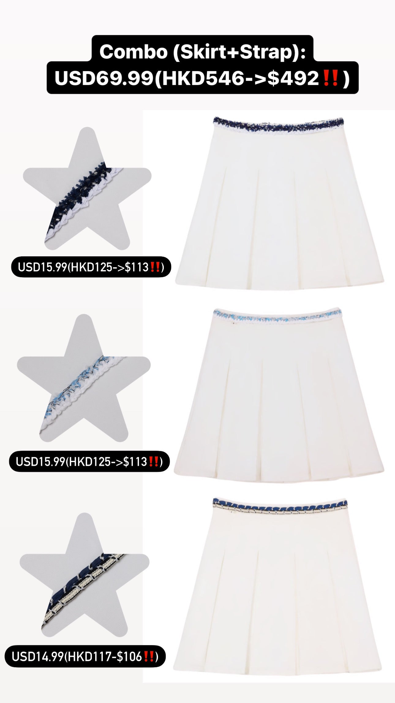 Patchy - White Pleated Mini Skirt with Blue and White Plaid Twisted Strap
