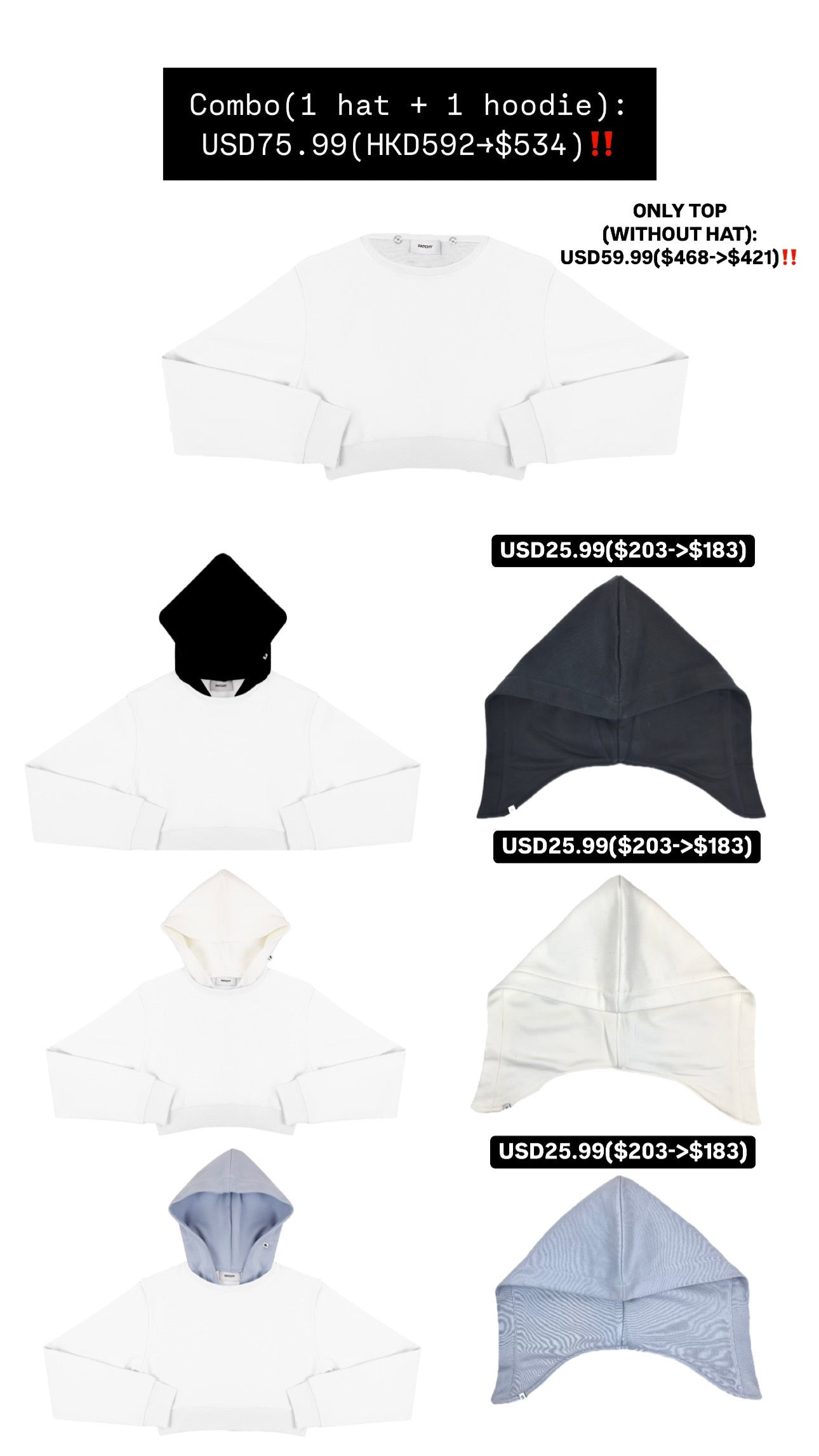 Patchy - White Cropped Hoodie with Black Hat