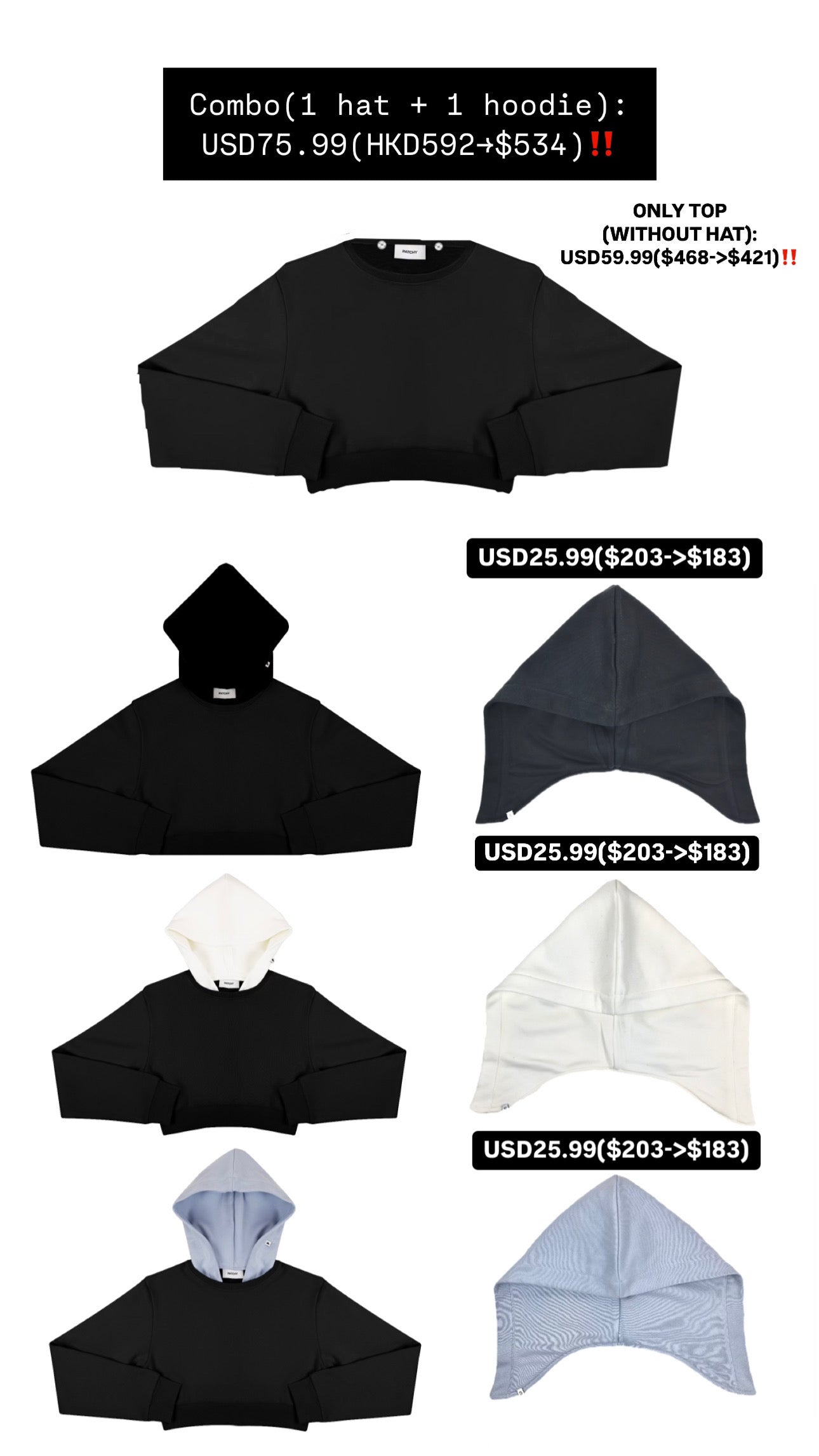 Patchy - Blue Cropped Hoodie with White Hat