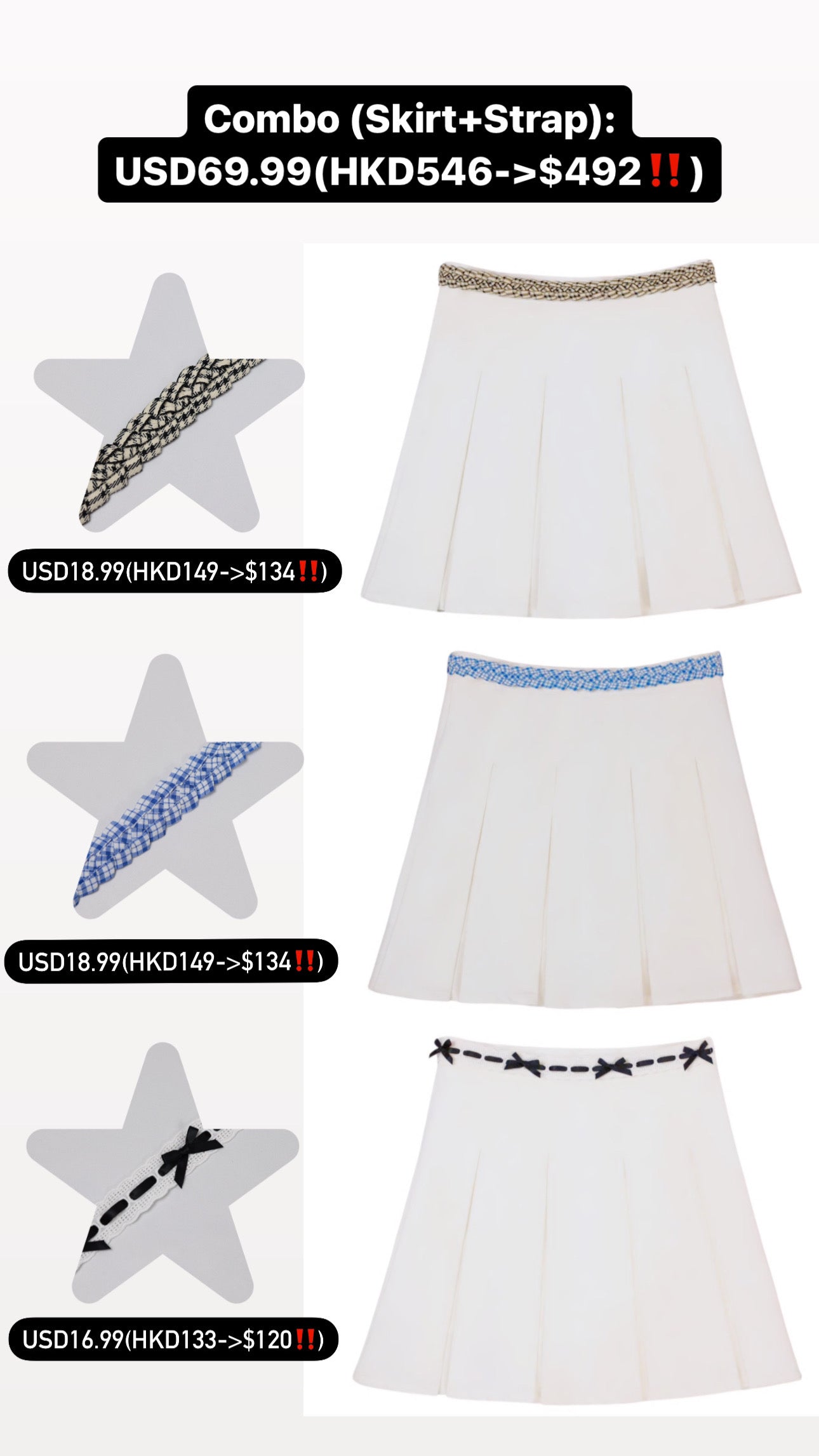 Patchy - White Pleated Mini Skirt with Denim Strap