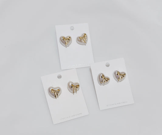Heart Pearl Stud Earrings with Gold Bow