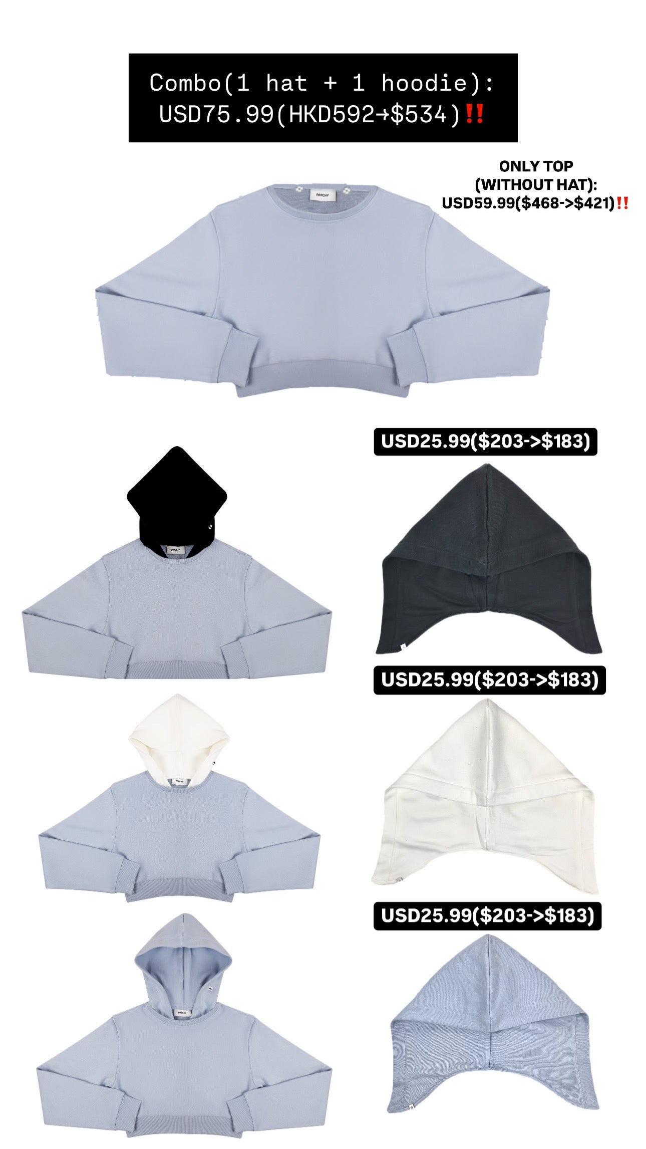 Patchy - White Cropped Hoodie with Black Hat