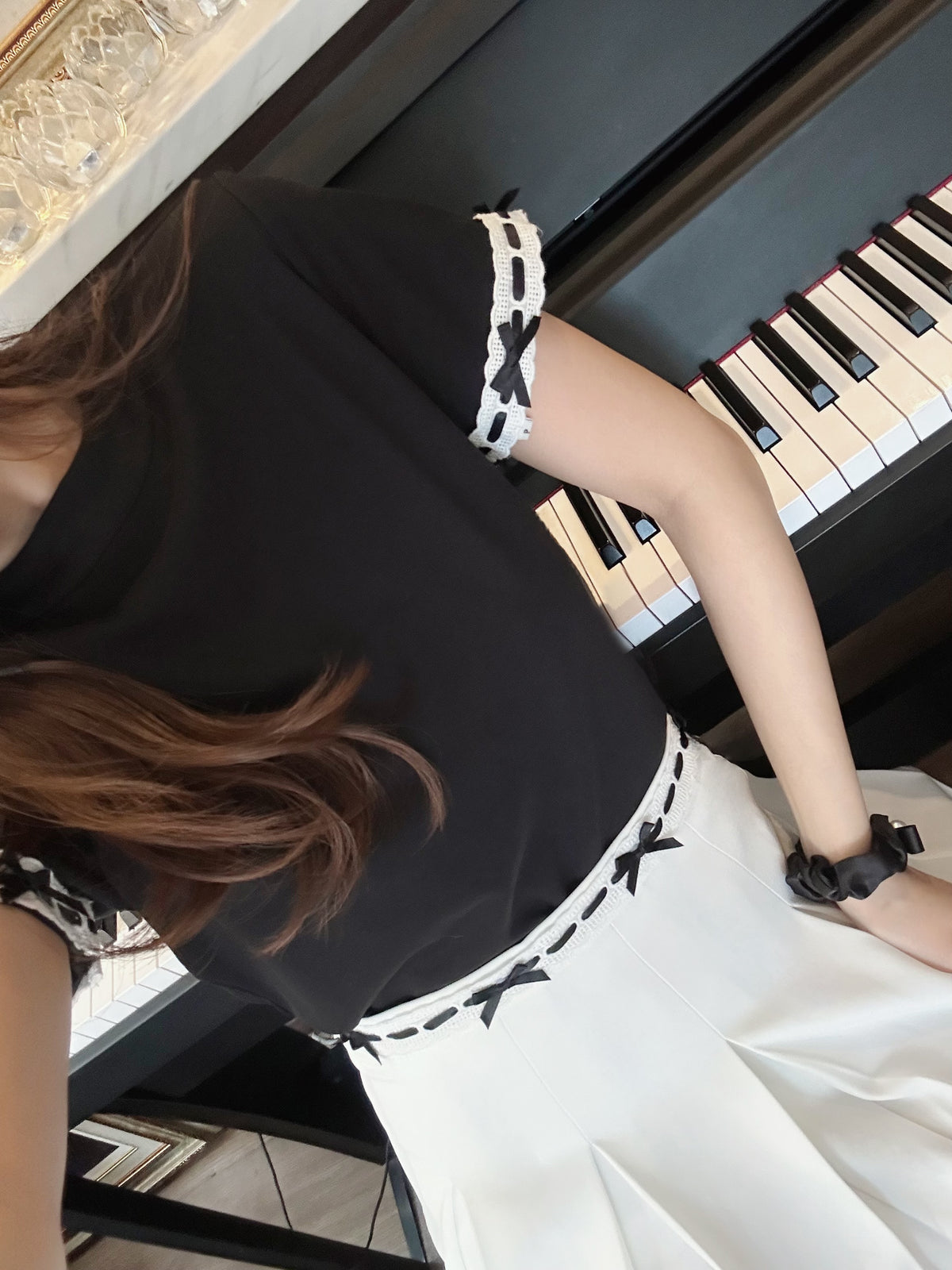 Patchy - Cotton Tee with Lace Trim Bow Straps
