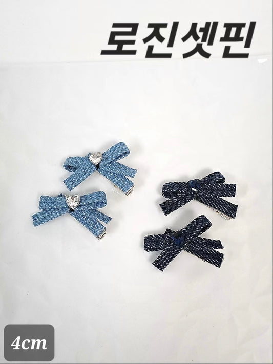Denim Bow Hair Clips with Heart Rhinestone