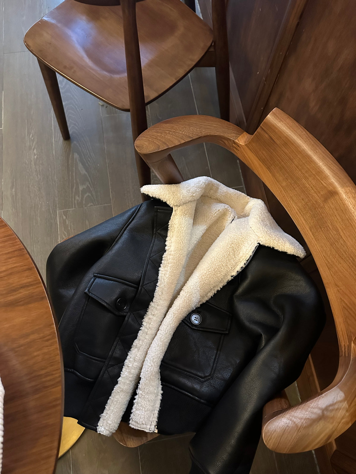 Faux Leather Aviator Jacket with Shearling Collar