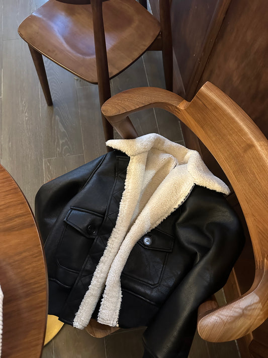 Faux Leather Aviator Jacket with Shearling Collar