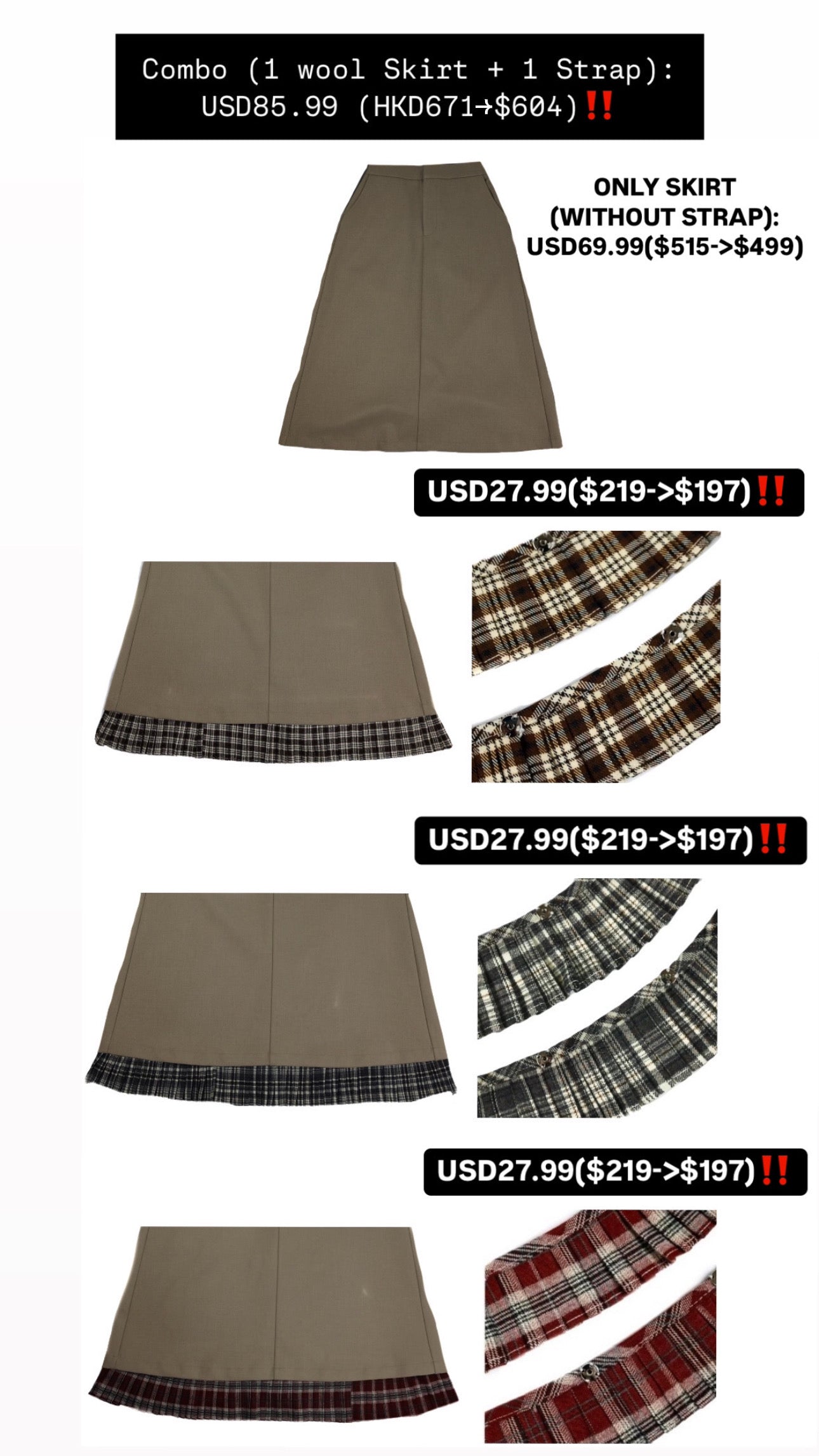 Patchy - Camel Woolen Midi-Skirt with White Pleated Trim