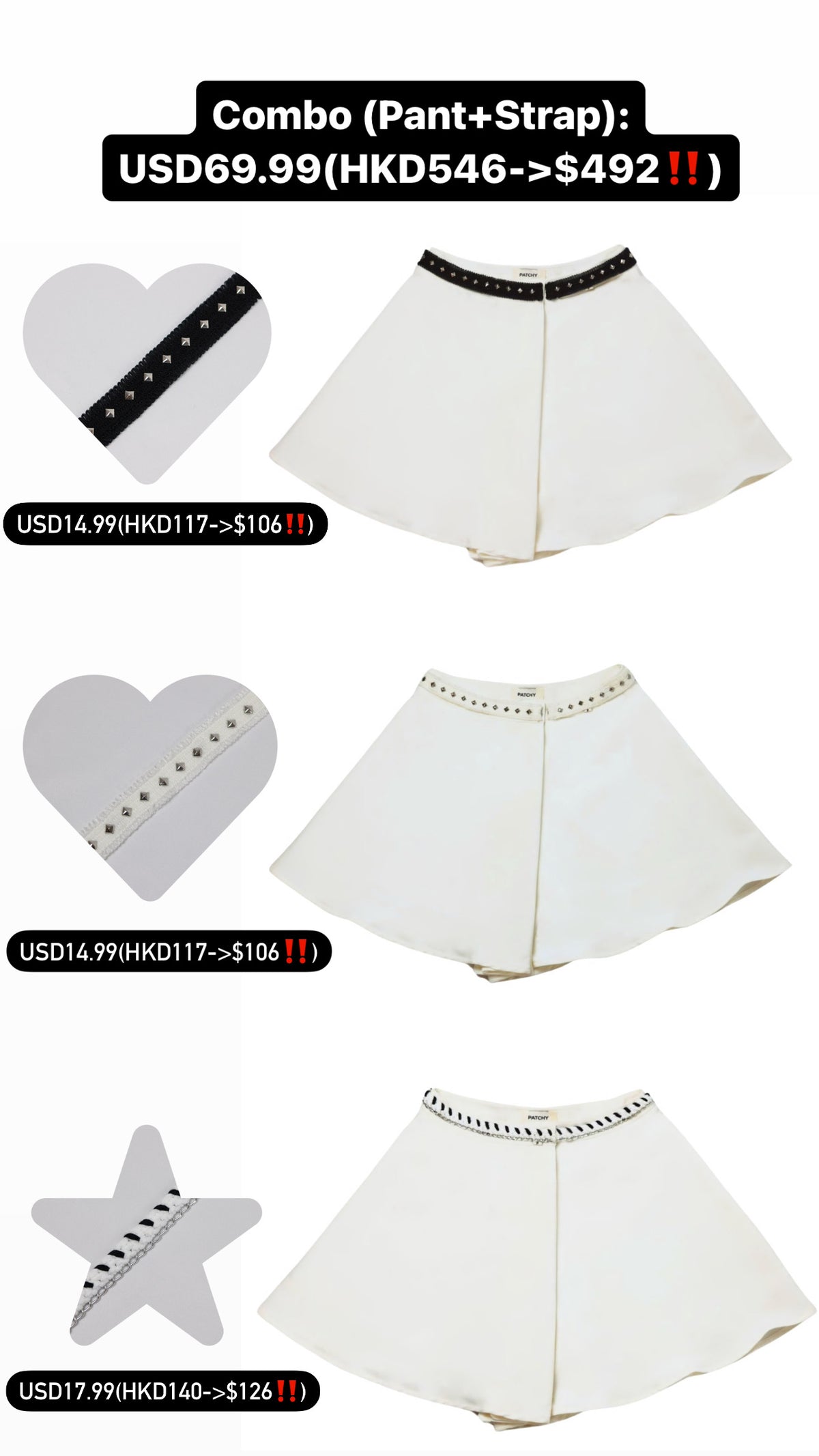 Patchy - White Mini Skort with Pale Blue Tweed Strap