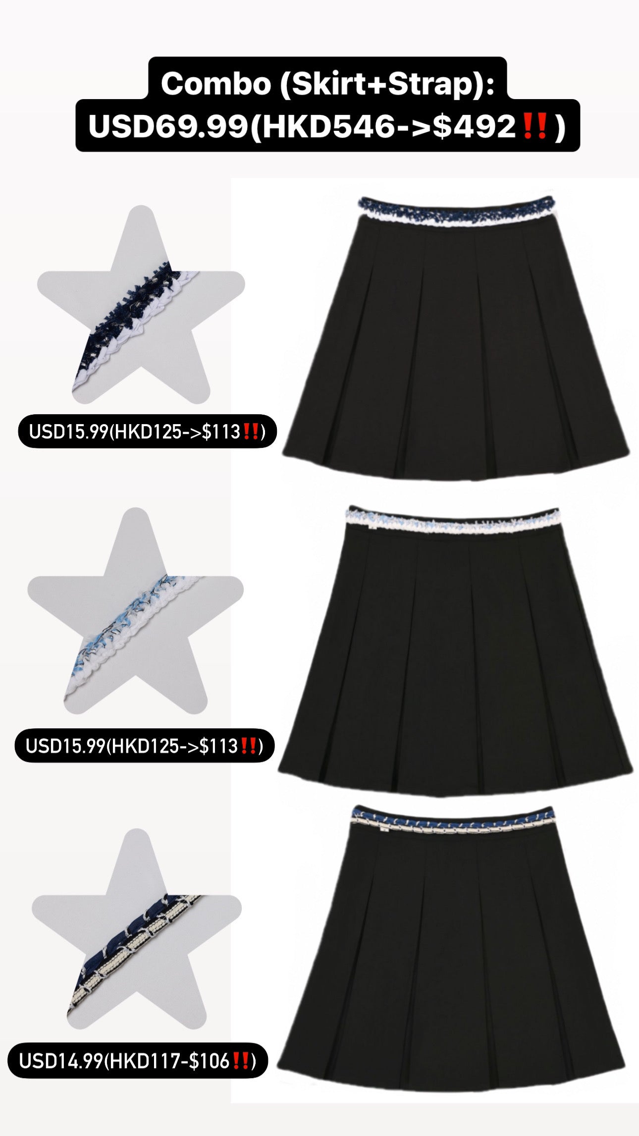 Patchy - White Pleated Mini Skirt with Blue and White Plaid Twisted Strap