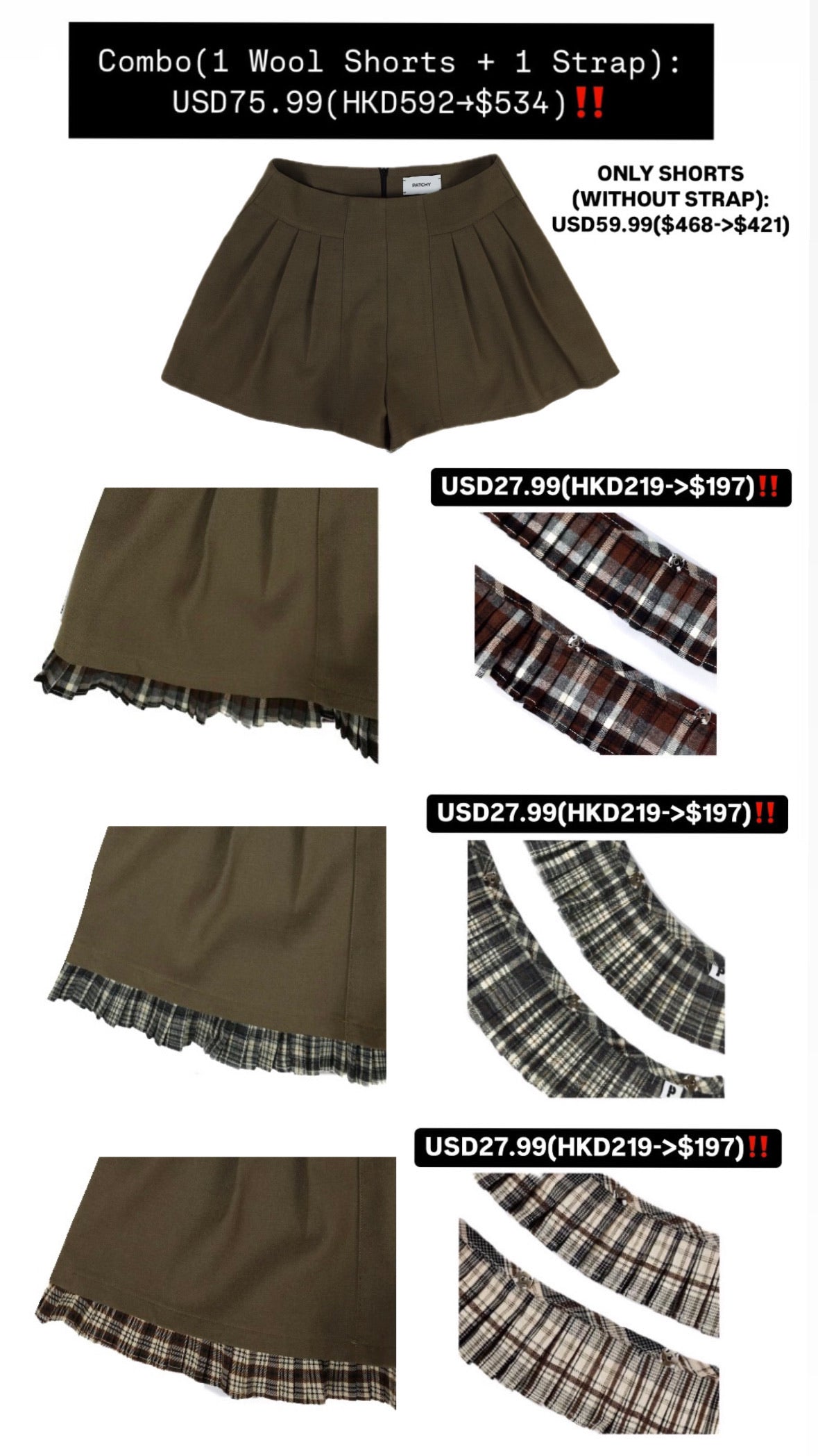 Patchy - Woolen Shorts with Burgundy Checked Trim