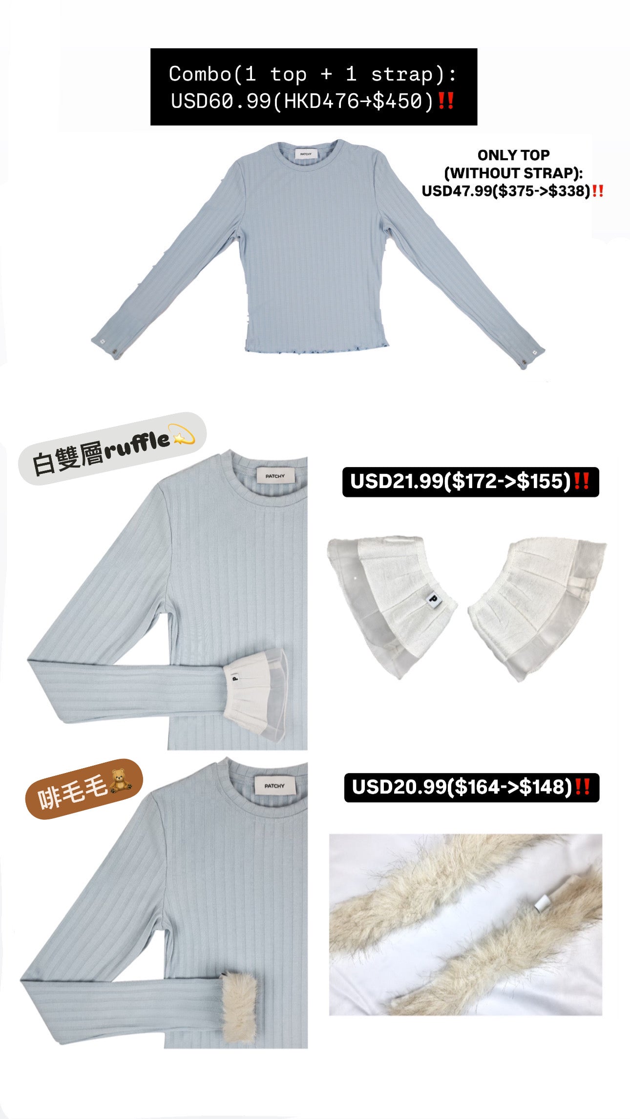 Patchy - Black Ribbed Long-sleeve Top with Black Sheer Pleated Sleeves