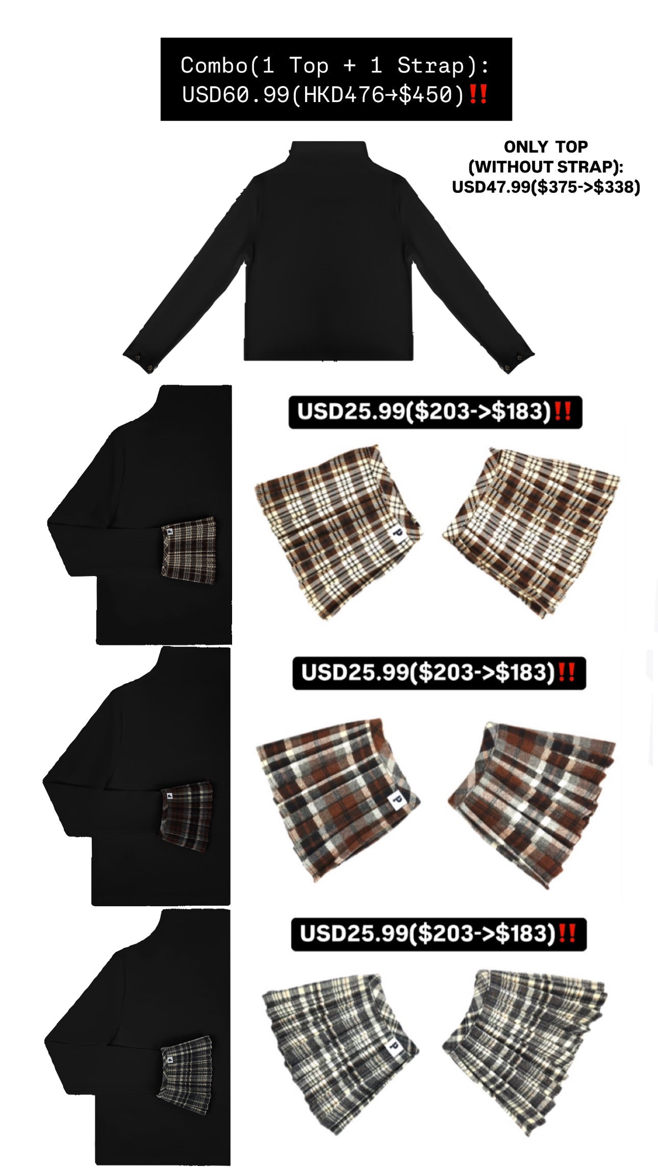Patchy - Mock-neck Knit Long-sleeve Top with Brown Checked Trim