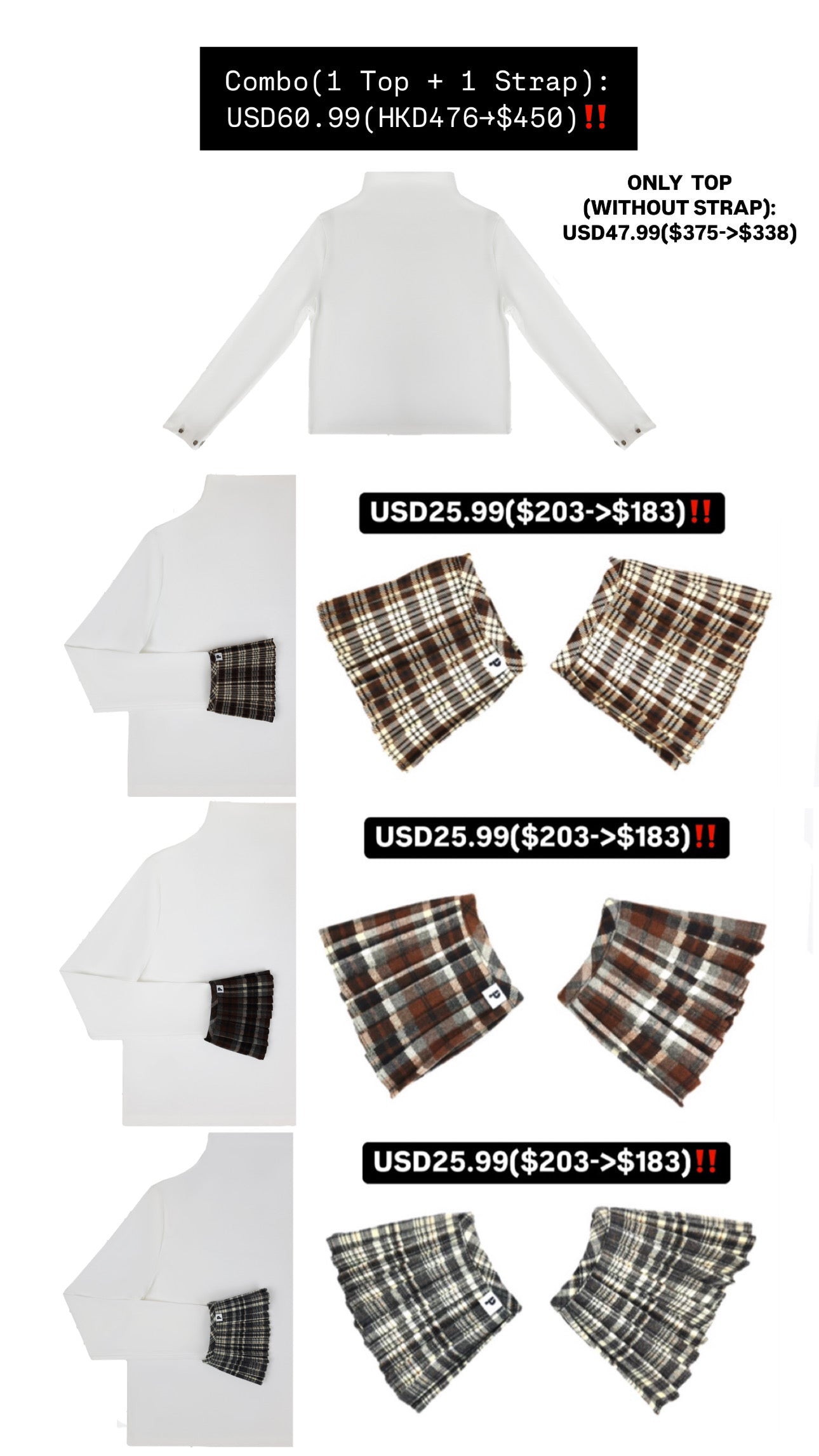 Patchy - Mock-neck Knit Long-sleeve Top with Brown Checked Trim