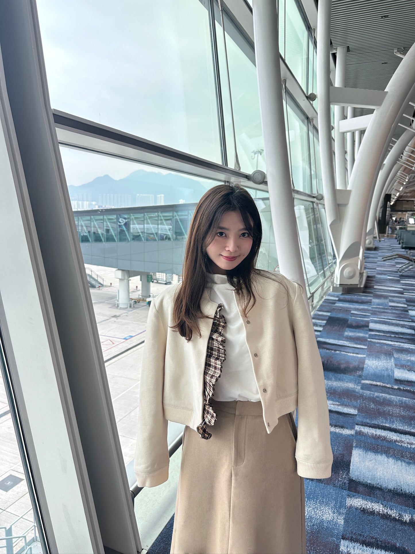 Patchy - Beige Suede Bomber Jacket with Pleated Brown Checked Trim