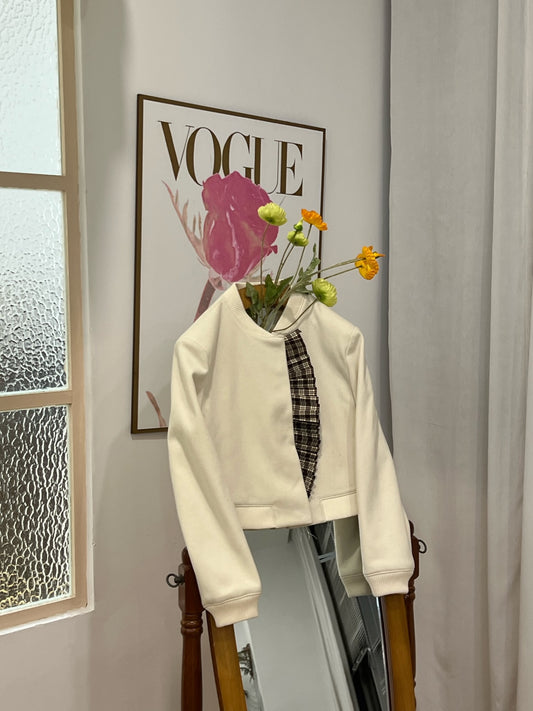 Patchy - Beige Suede Bomber Jacket with Pleated Brown Checked Trim