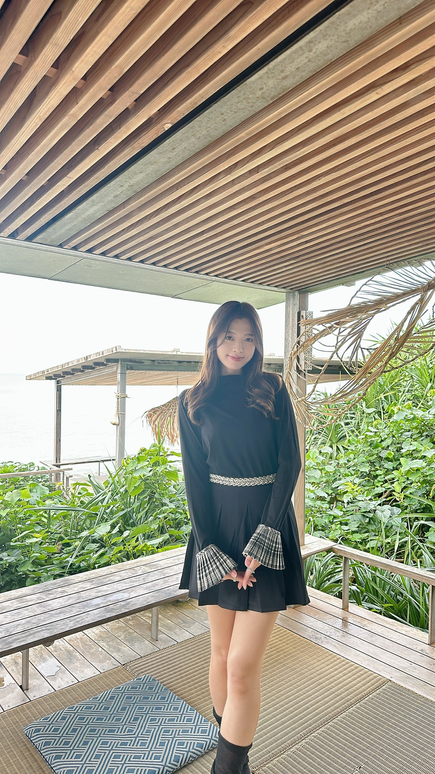 Patchy - Mock-neck Knit Long-sleeve Top with Campus Style Checked Trim