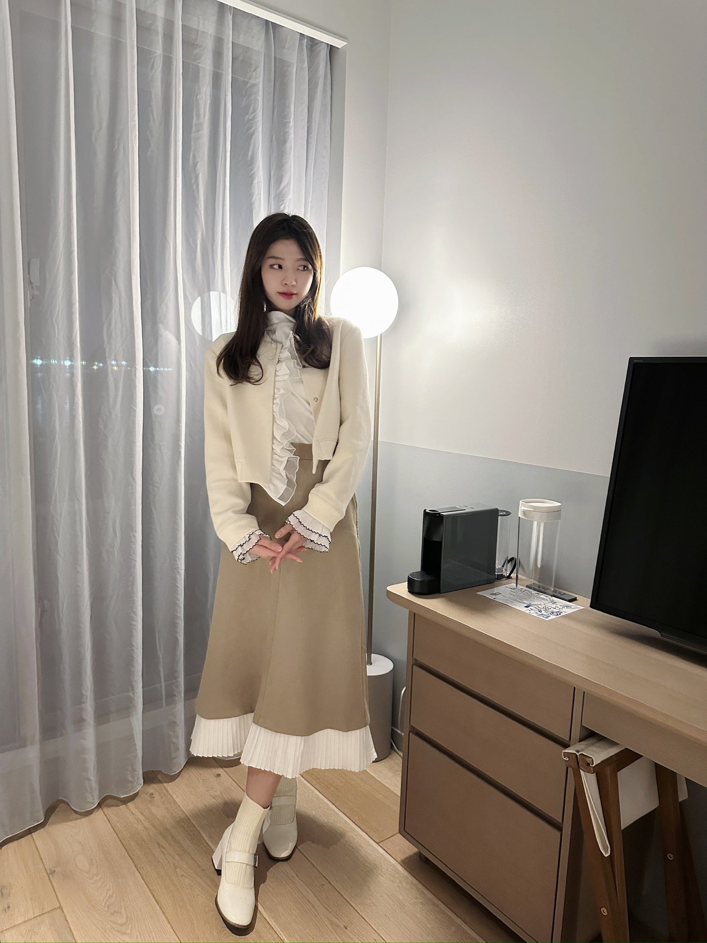 Patchy - Mock-neck Knit Long-sleeve Top with Waved Chiffon Trim