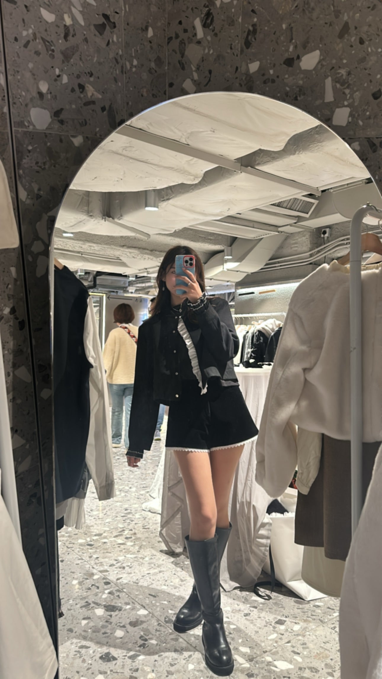 Patchy - Black Suede Bomber Jacket with White Velvet Ruffle Trim