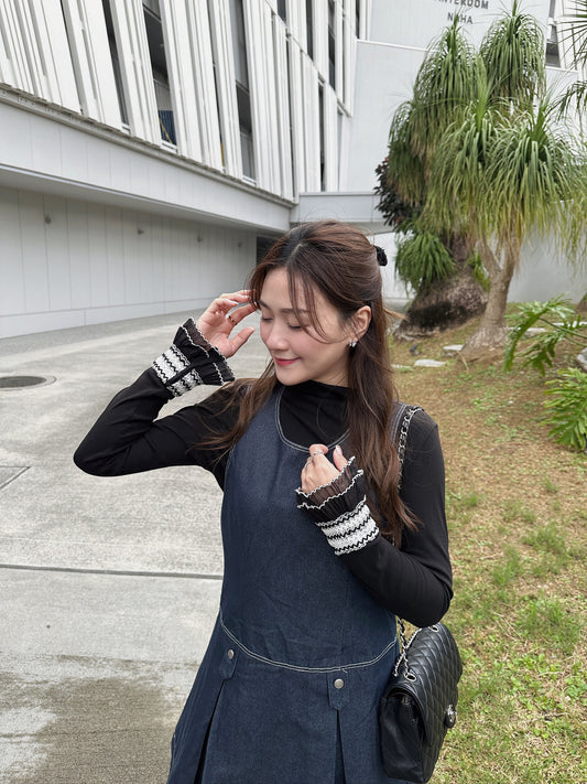 Patchy - Mock-neck Knit Long-sleeve Top with Black Waved Chiffon Trim