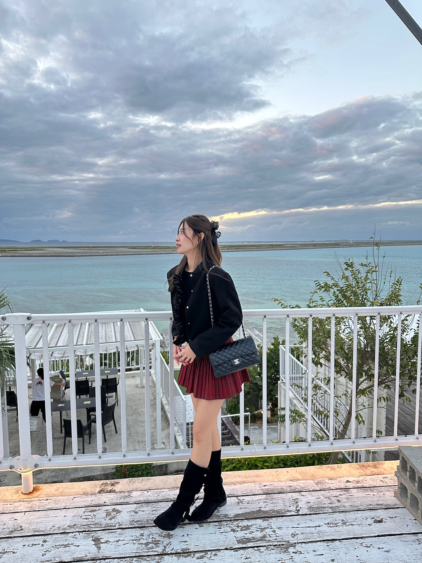 Patchy - Black Suede Bomber Jacket with White Velvet Ruffle Trim