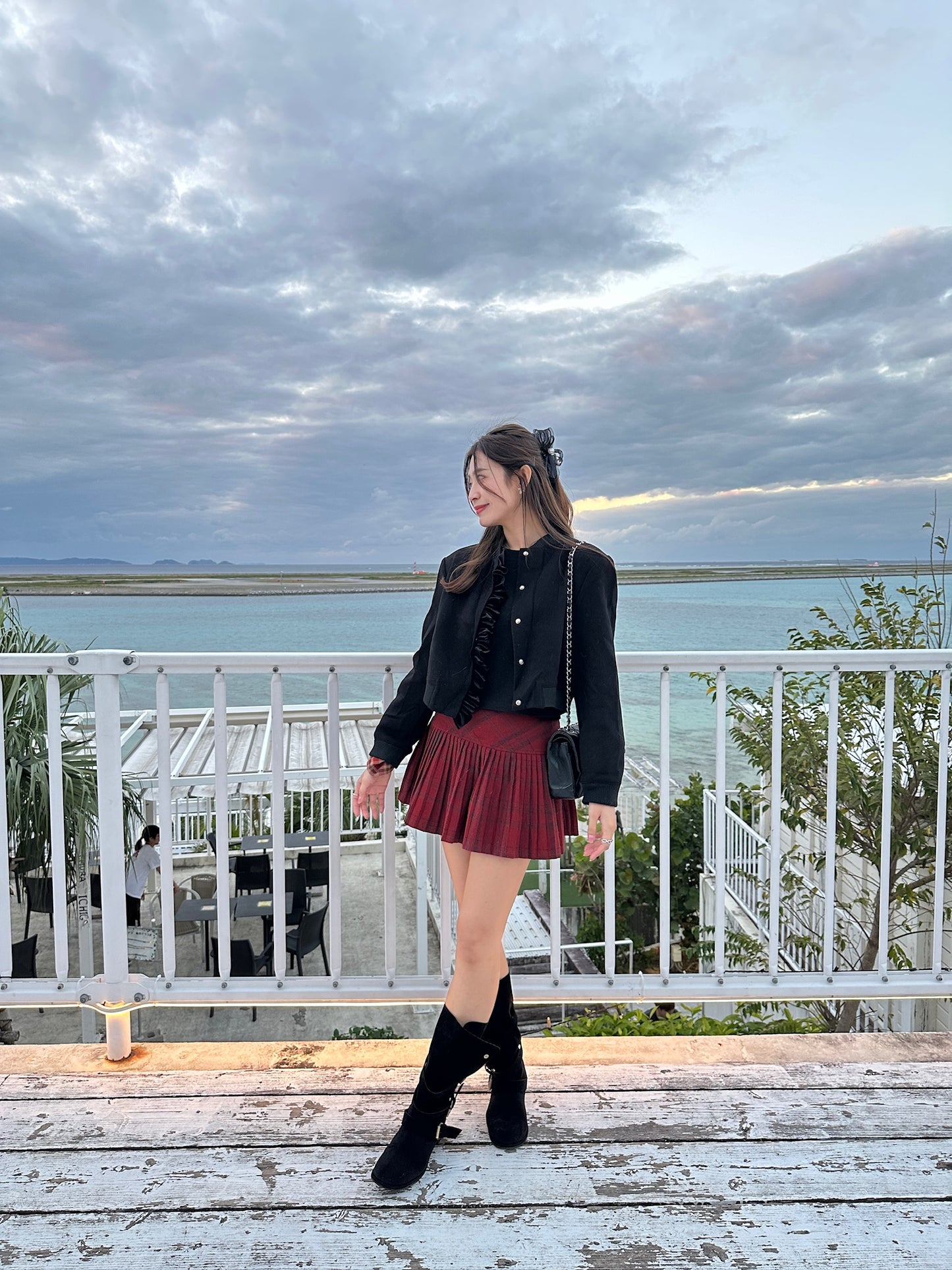 Patchy - Black Suede Bomber Jacket with White Velvet Ruffle Trim