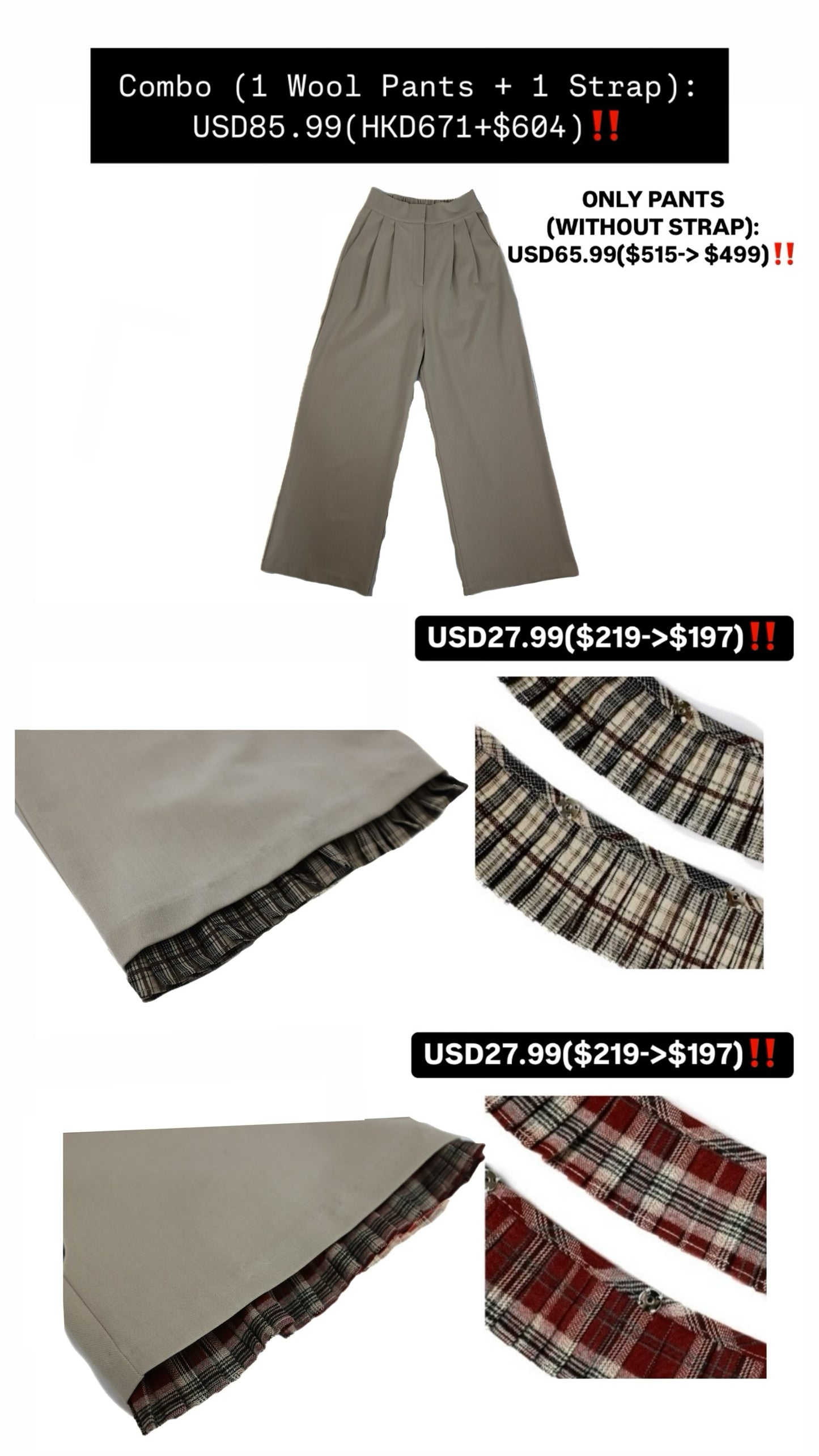 Patchy - Woolen Wide-Leg Pants with Grey Checked Trim