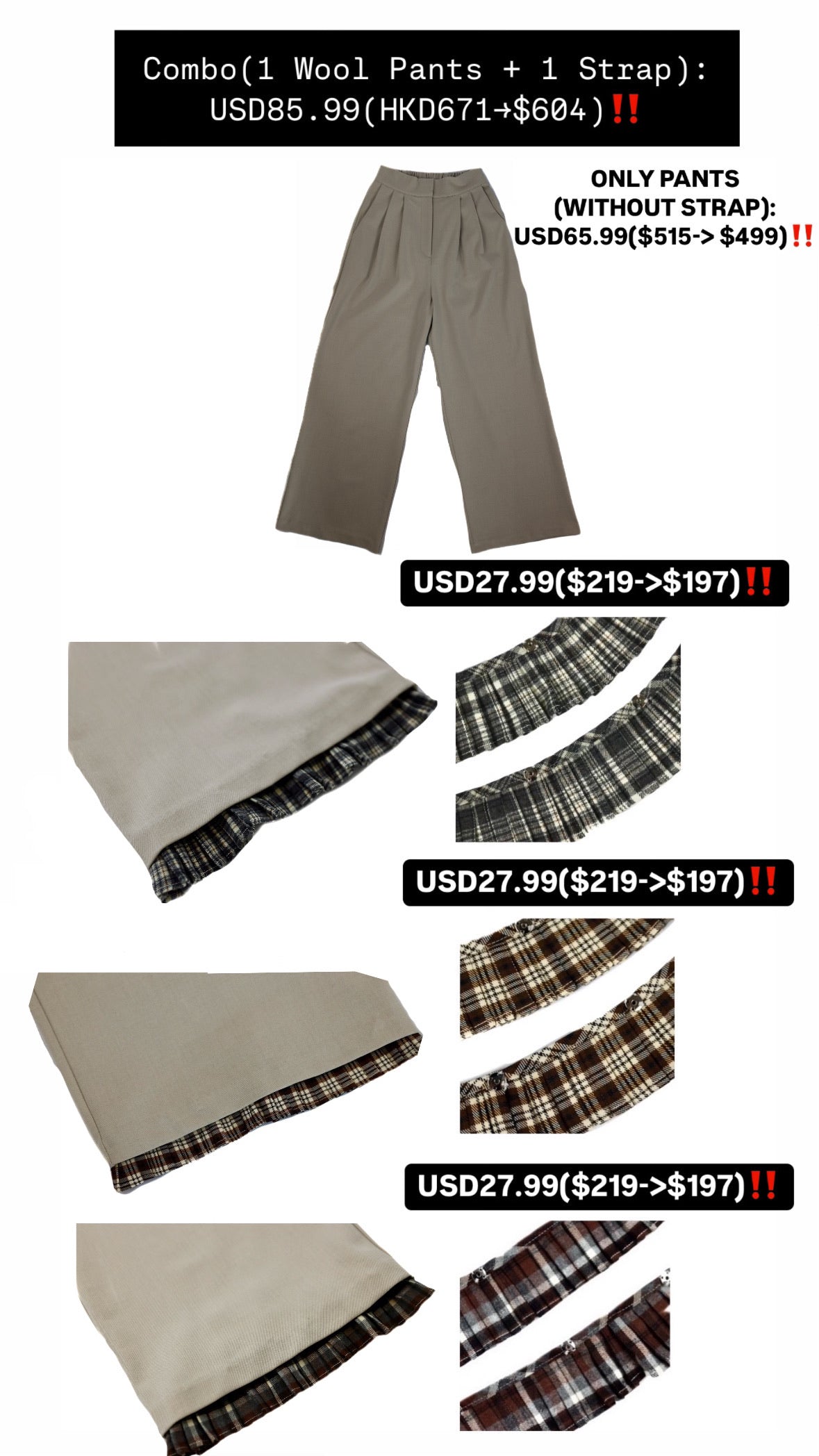 Patchy - Woolen Wide-Leg Pants with Grey Checked Trim