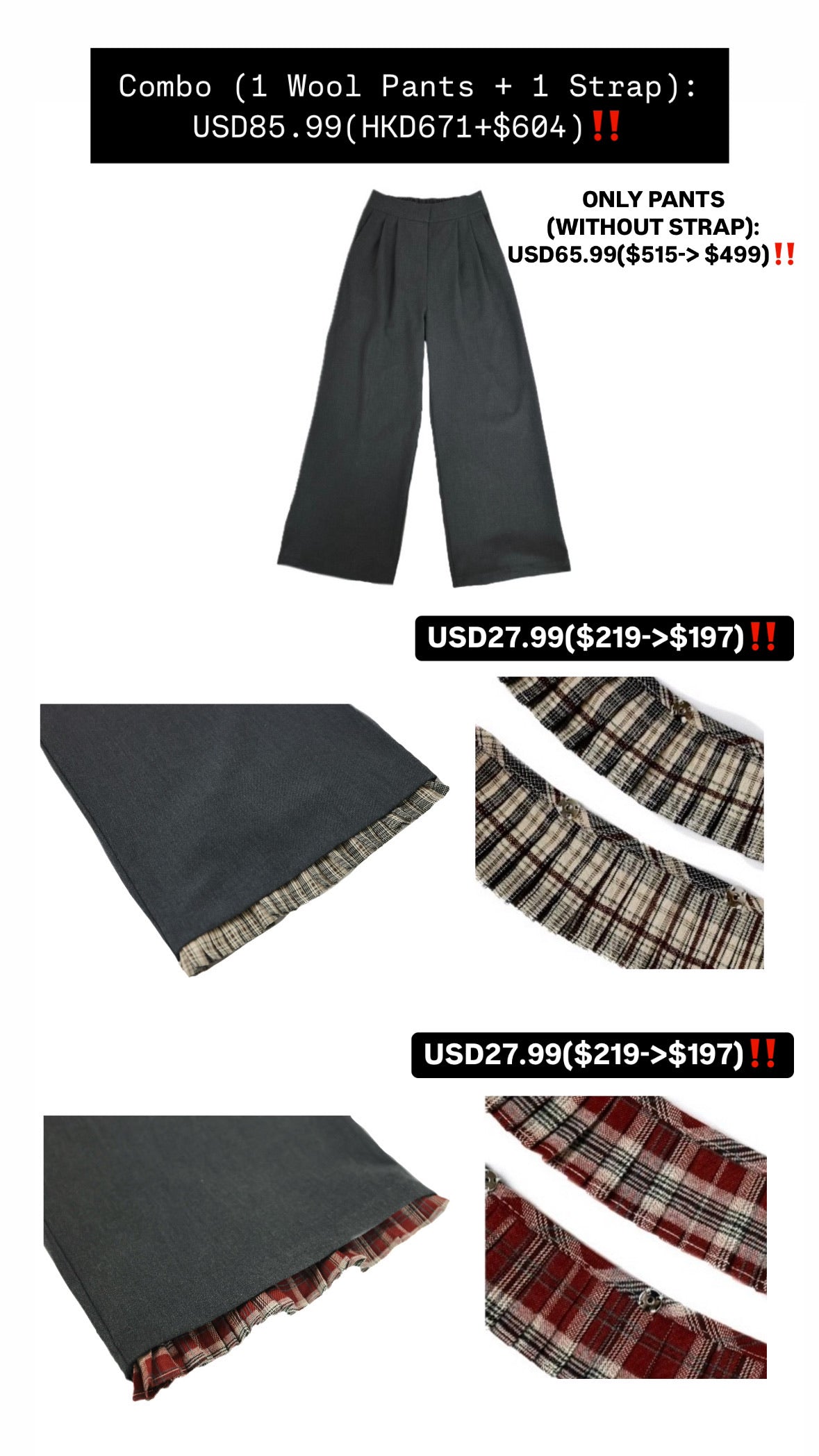 Patchy - Woolen Wide-Leg Pants with Grey Checked Trim