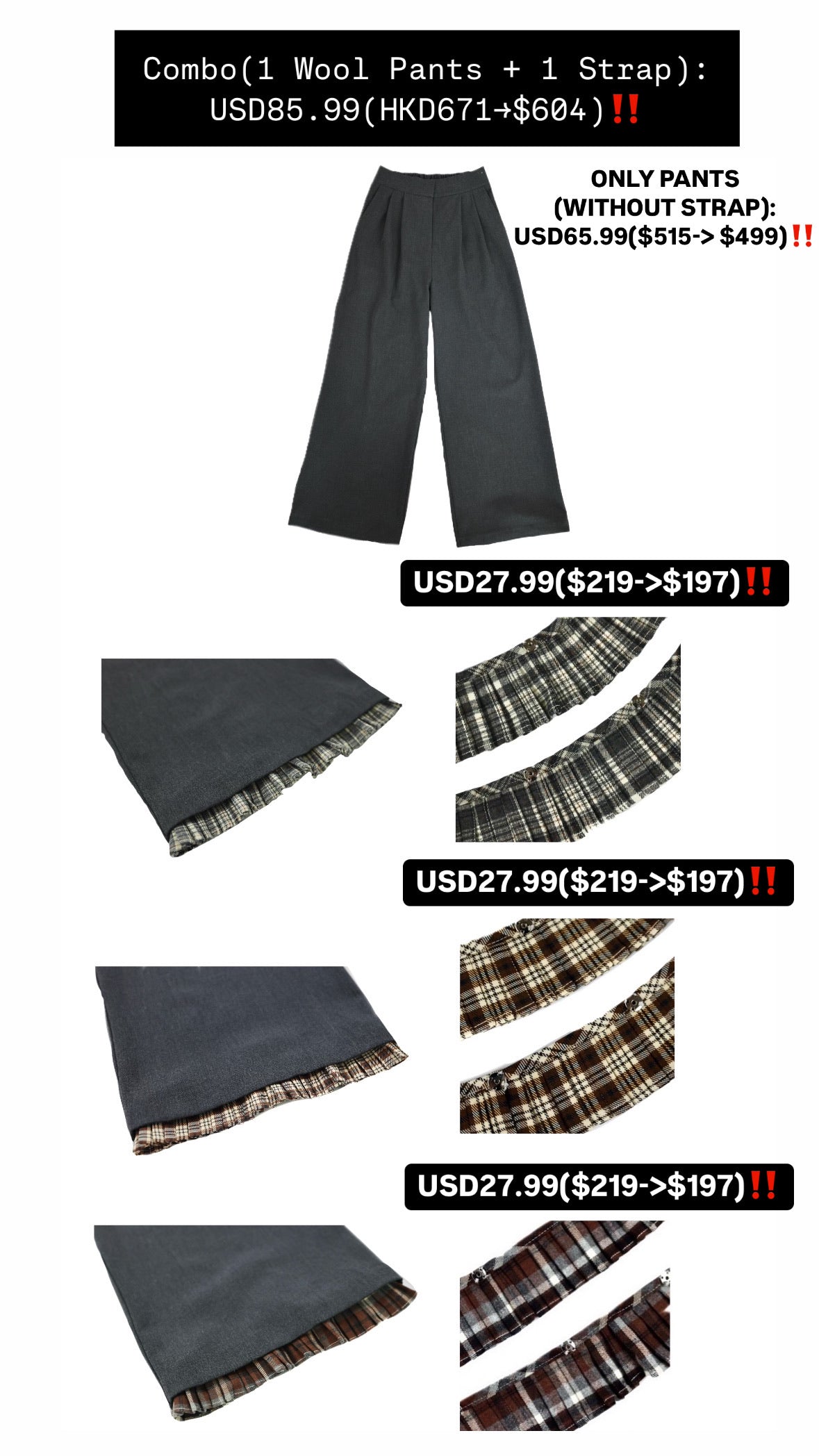 Patchy - Woolen Wide-Leg Pants with Burgundy Checked Trim