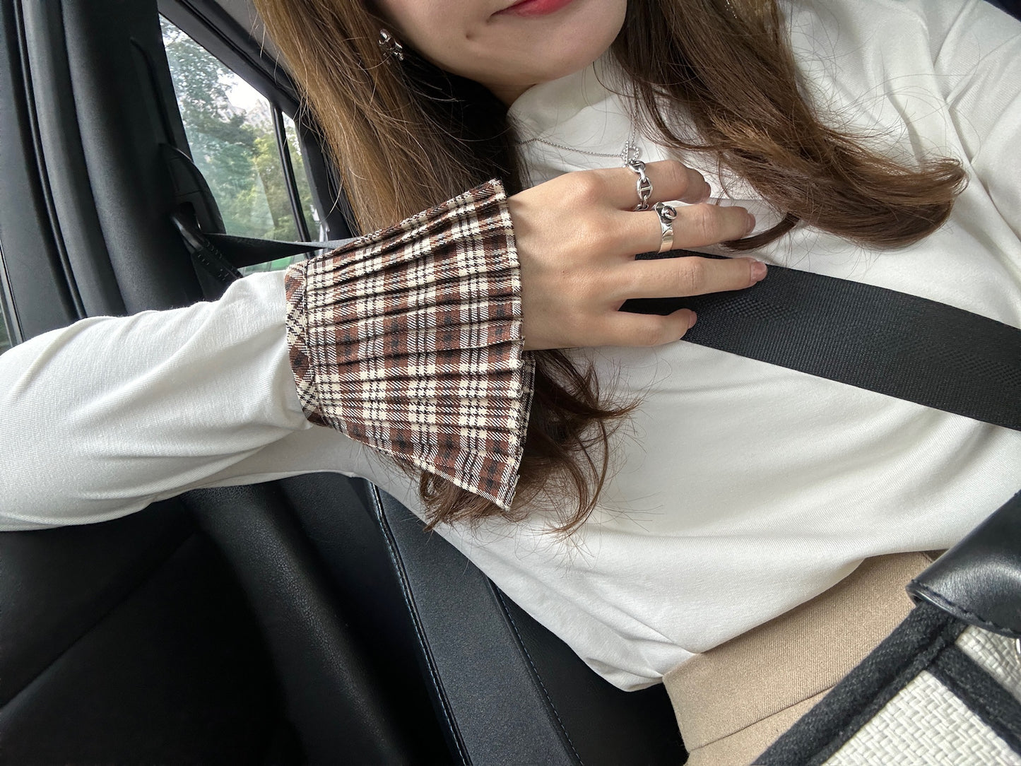 Patchy - Mock-neck Knit Long-sleeve Top with Brown Checked Trim