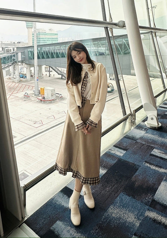 Patchy - Woolen Midi-skirt with Brown Checked Trim