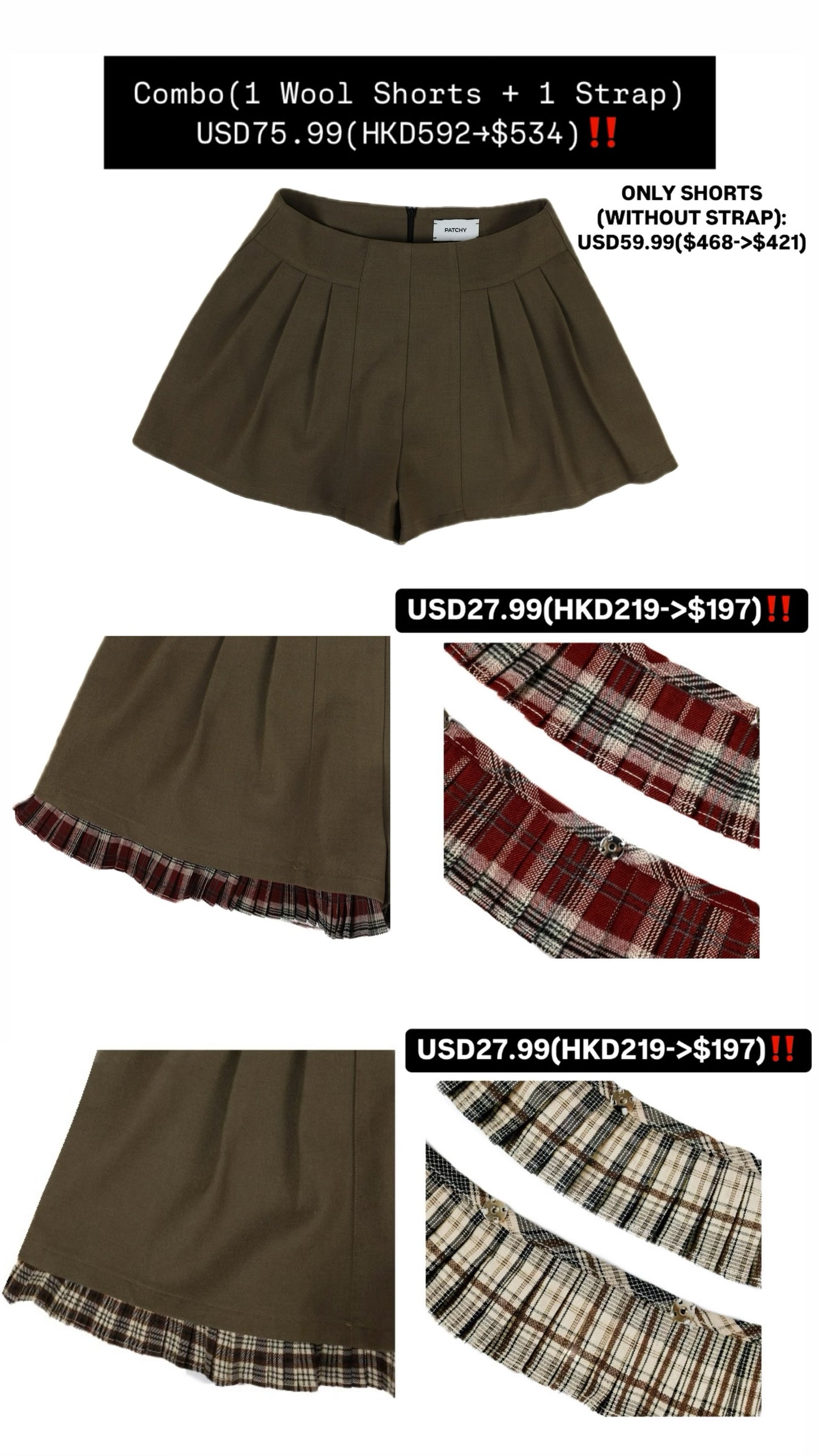 Patchy - Woolen A-Line Shorts with Grey Checked Strap