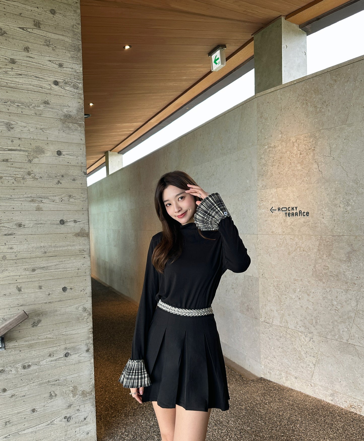 Patchy - Mock-neck Knit Long-sleeve Top with Campus Style Checked Trim