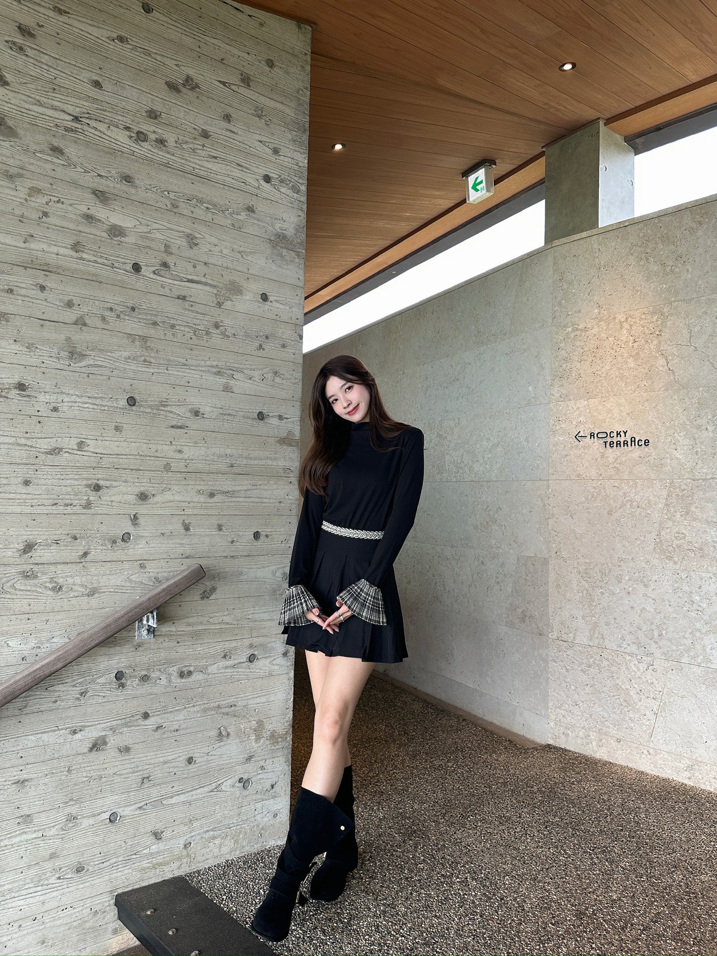 Patchy - Mock-neck Knit Long-sleeve Top with Campus Style Checked Trim