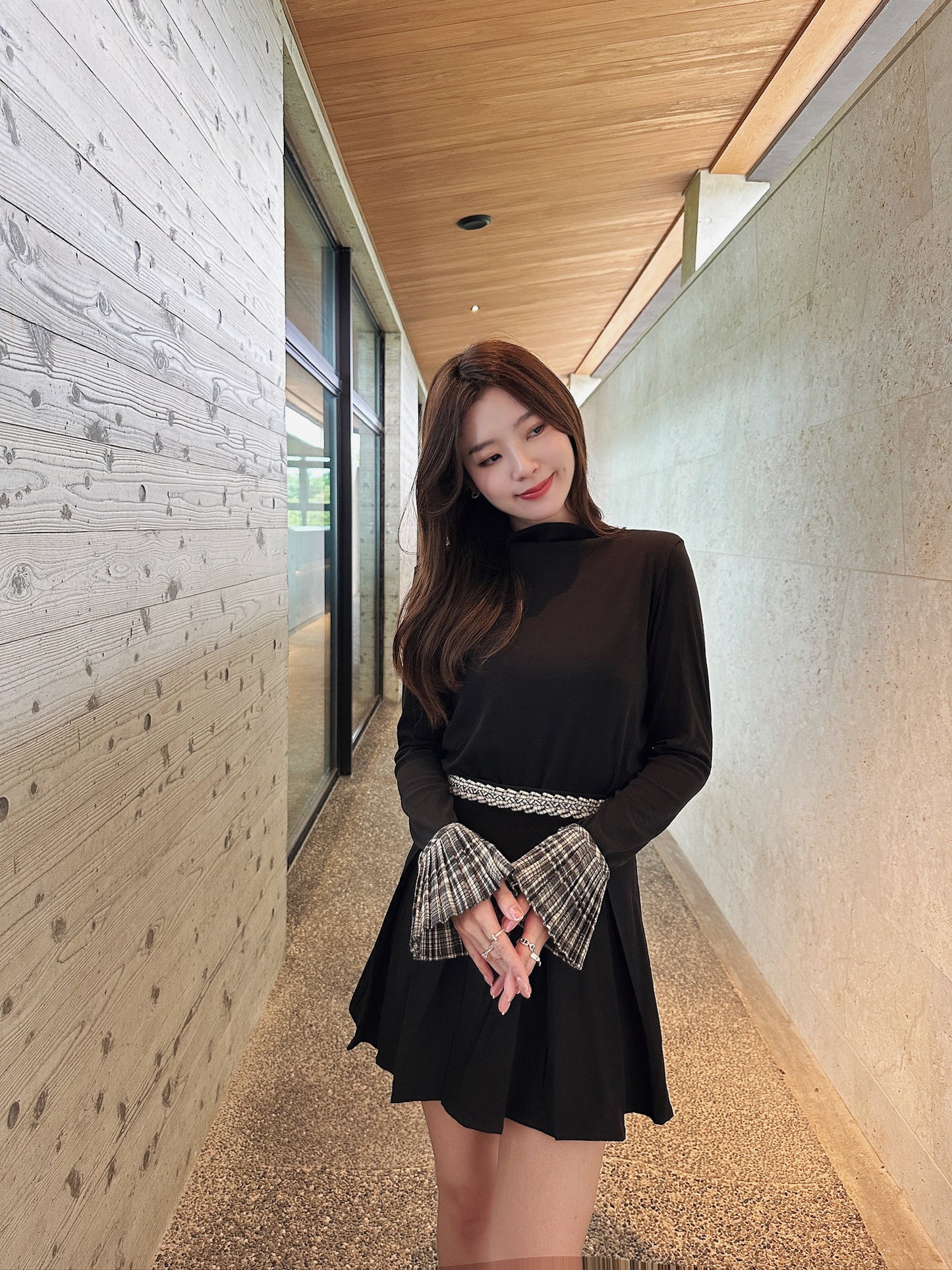 Patchy - Mock-neck Knit Long-sleeve Top with Campus Style Checked Trim
