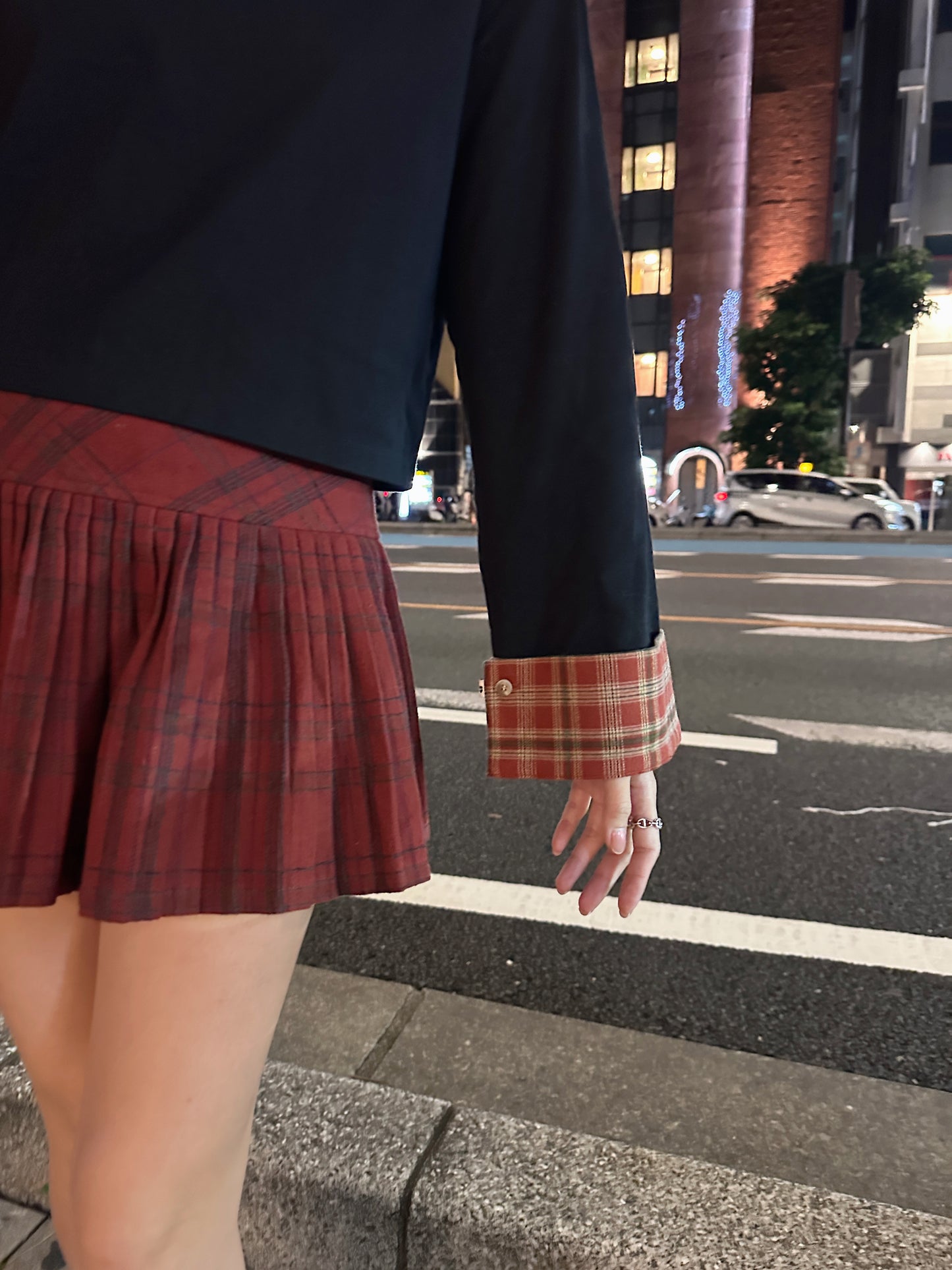 Patchy - Black  Oversized T-shirt with Red Checked Flare Sleeves