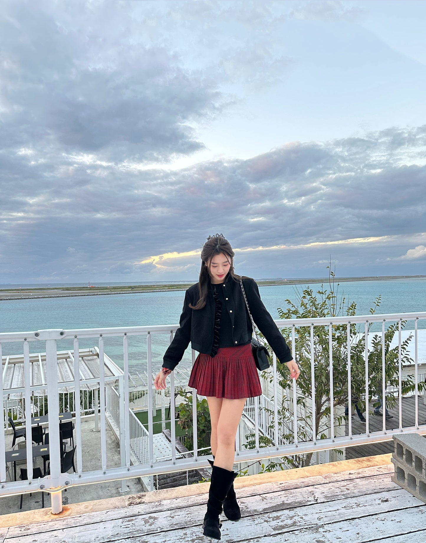 Patchy - Black Suede Bomber Jacket with White Velvet Ruffle Trim