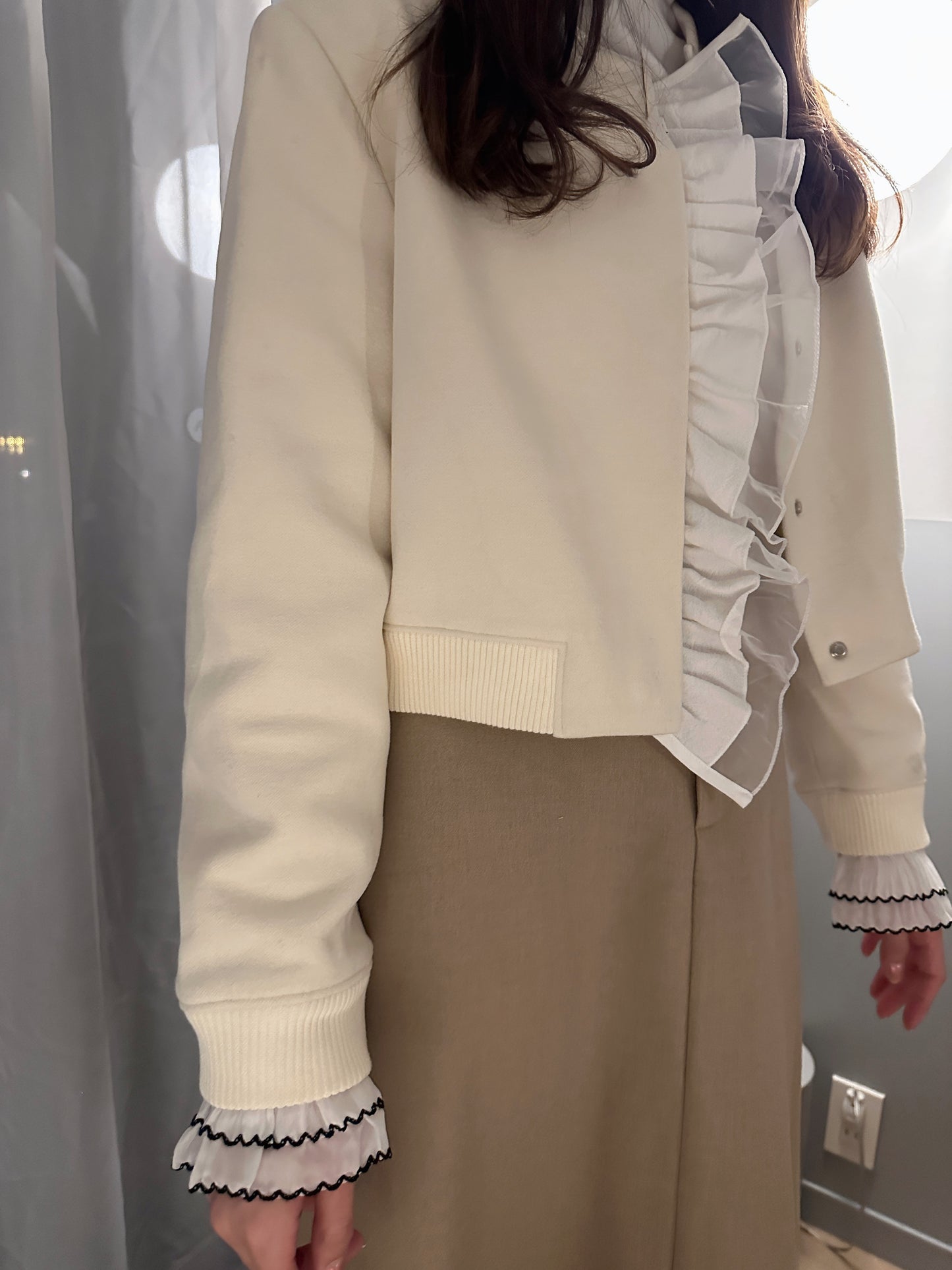 Patchy - Camel Woolen Midi-Skirt with White Pleated Trim