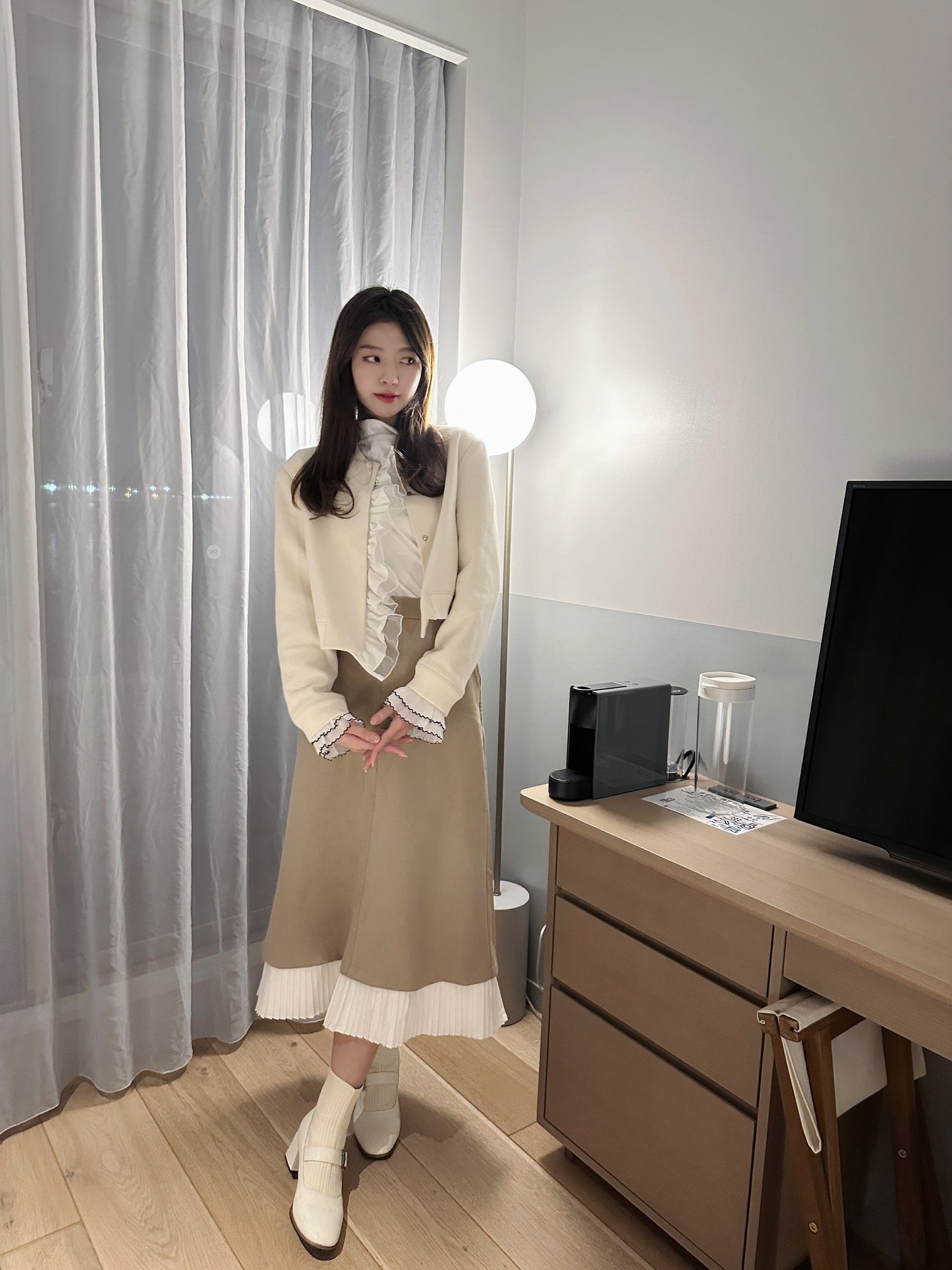Patchy - Camel Woolen Midi-Skirt with White Pleated Trim